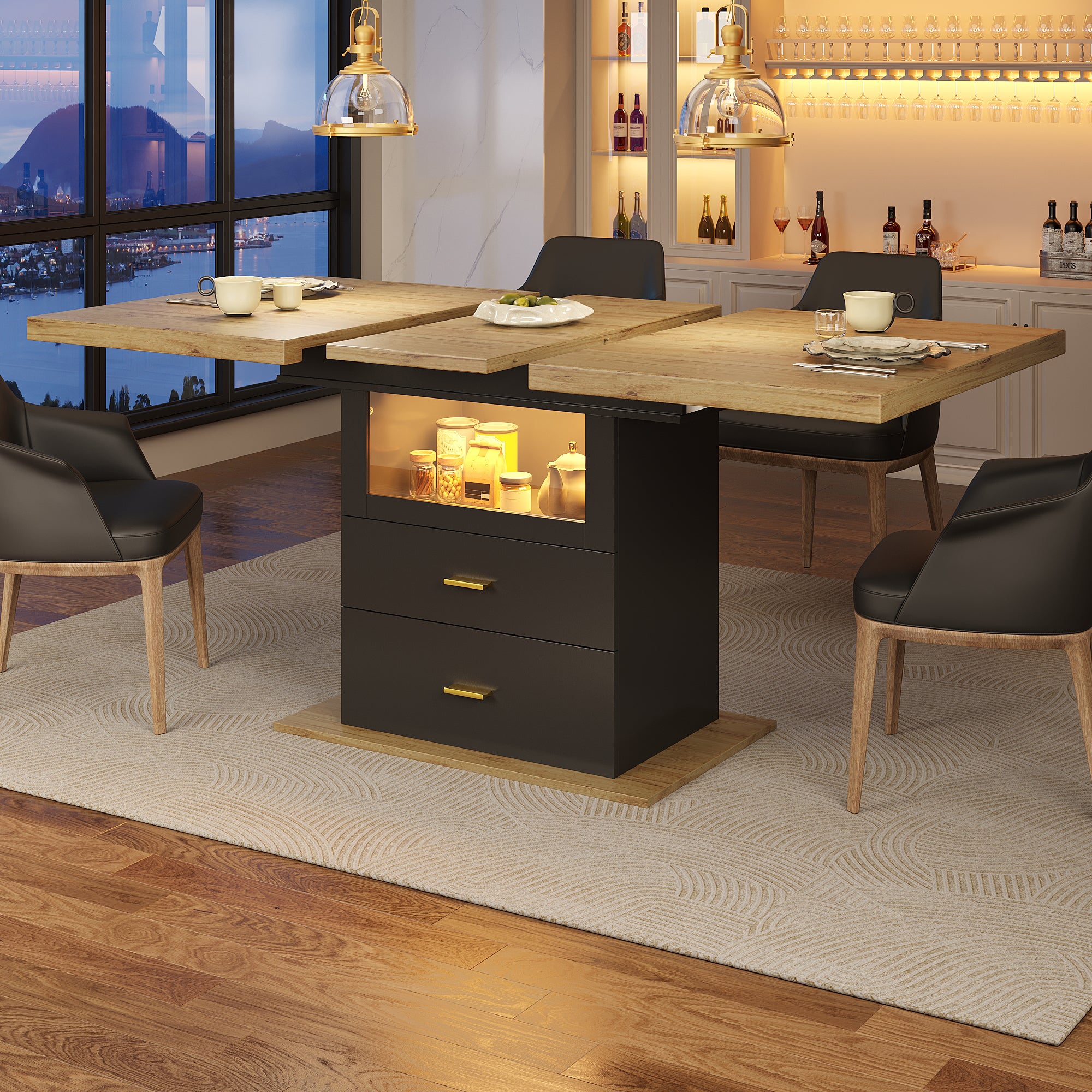 Extendable Dining Table 110-140cm LED Lighting Wooden Finish