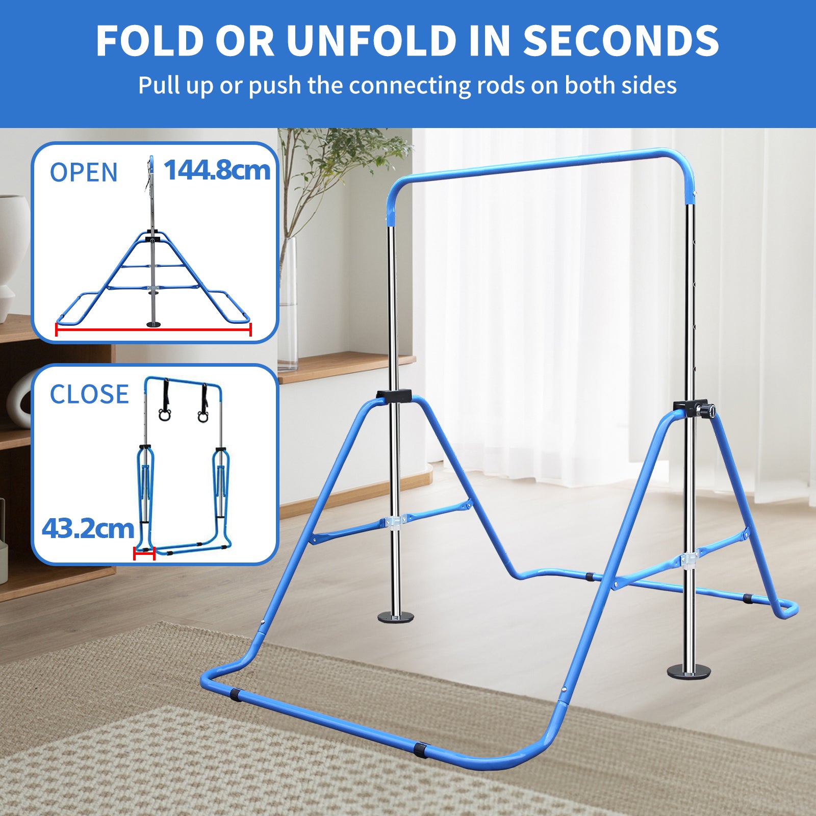 Expandable Gymnastics Bar, Height Adjustable Folding Junior Training, Blue