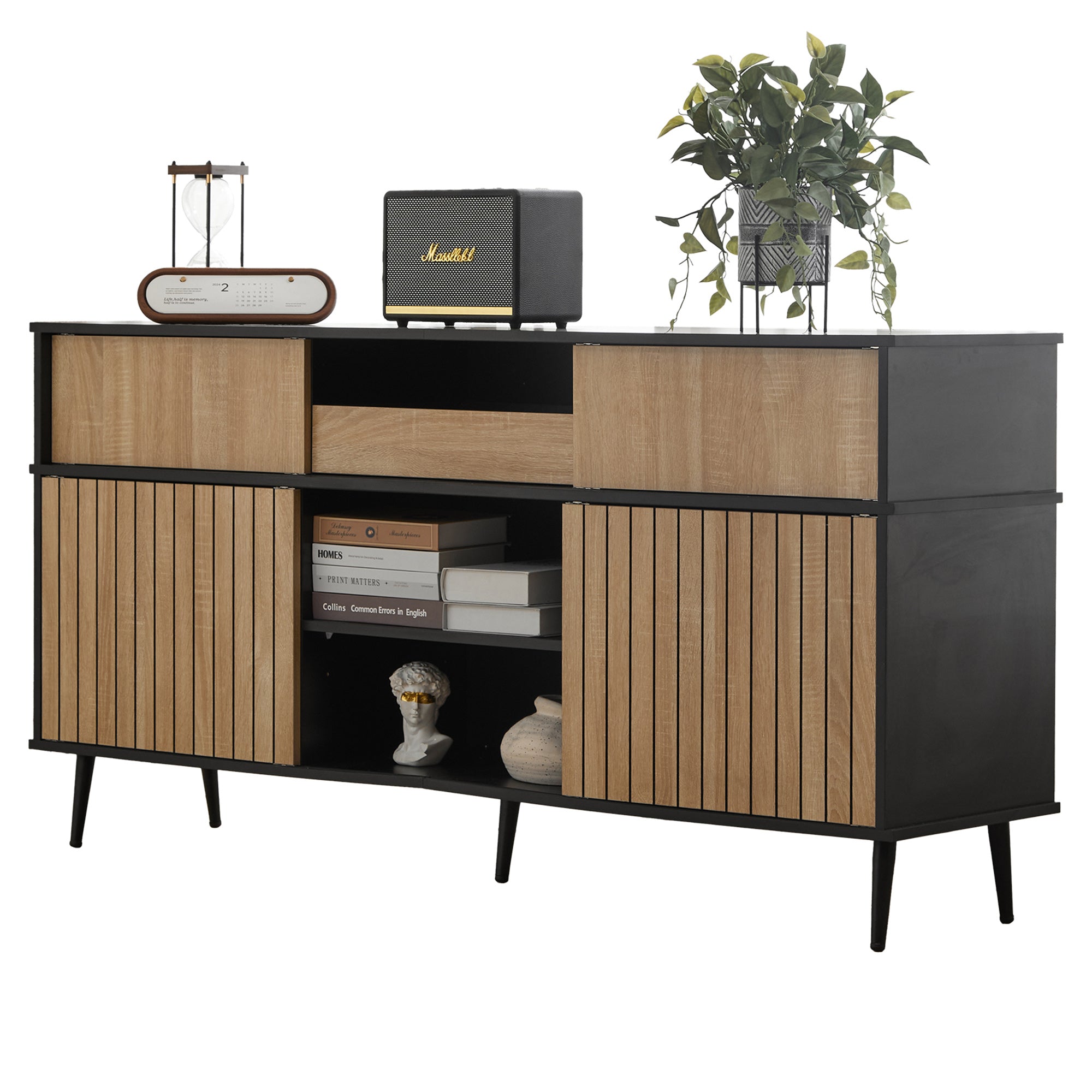 Chest of drawers with 4 sliding doors and 1 drawer, oak and black, 160W x 40D x 80H