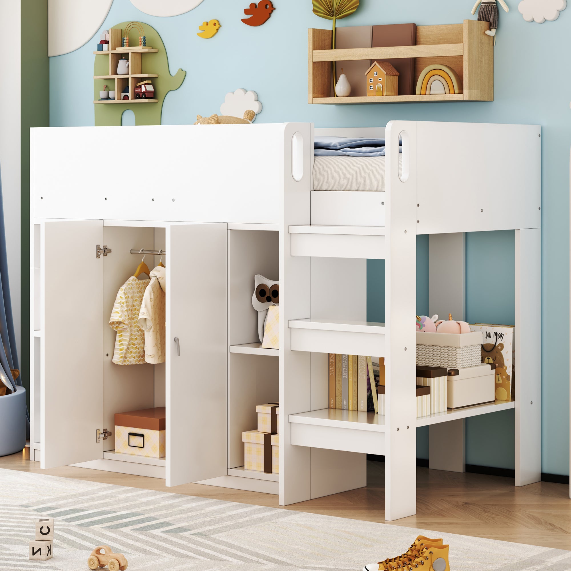 Loft Bed 90*200, Storage, Wardrobe, Shelves, Ladder, White