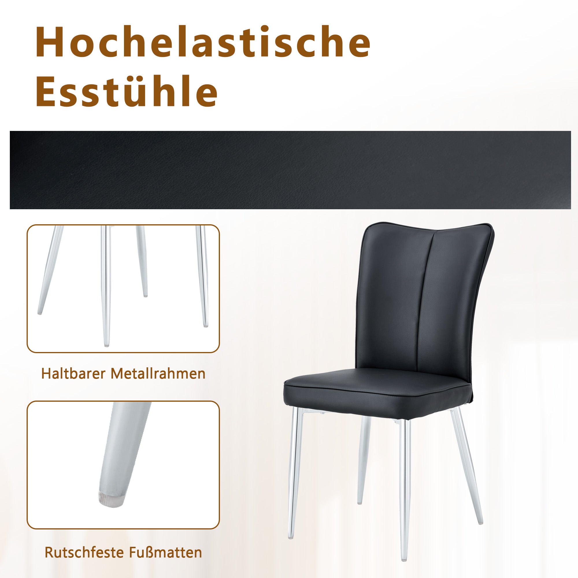 Dining Table Set, 85cm Tempered Glass Table with 4 Chairs, Black PU