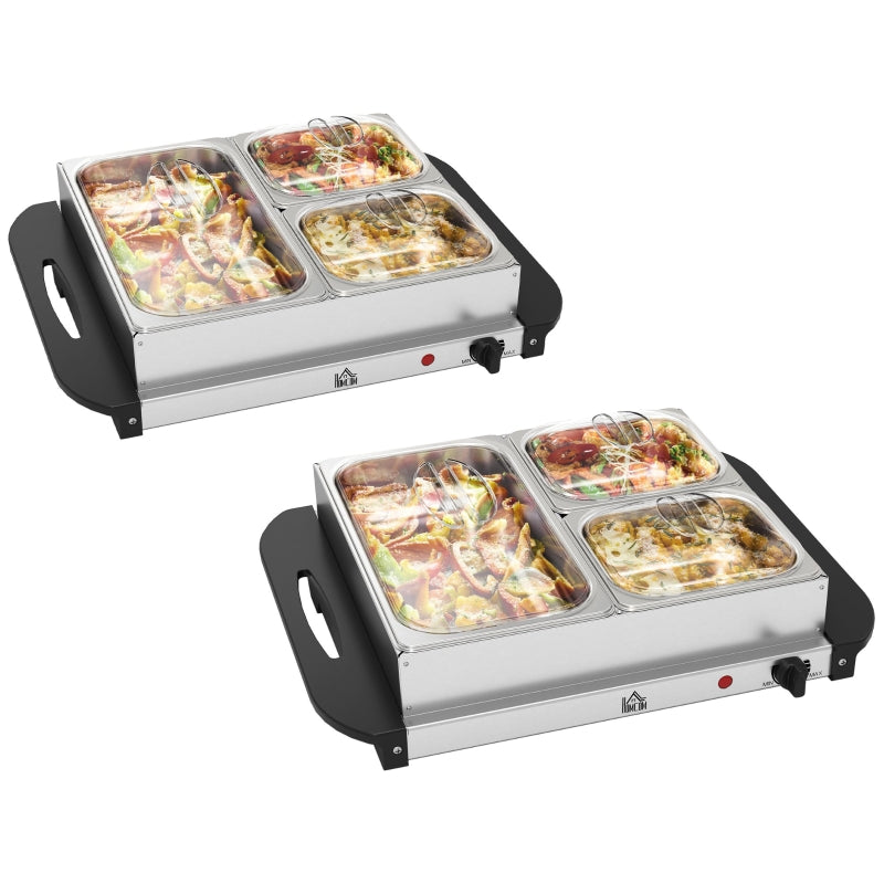 Electric Buffet Server 4.5L, 3 Trays/Lids, Set of 2, Stainless Steel