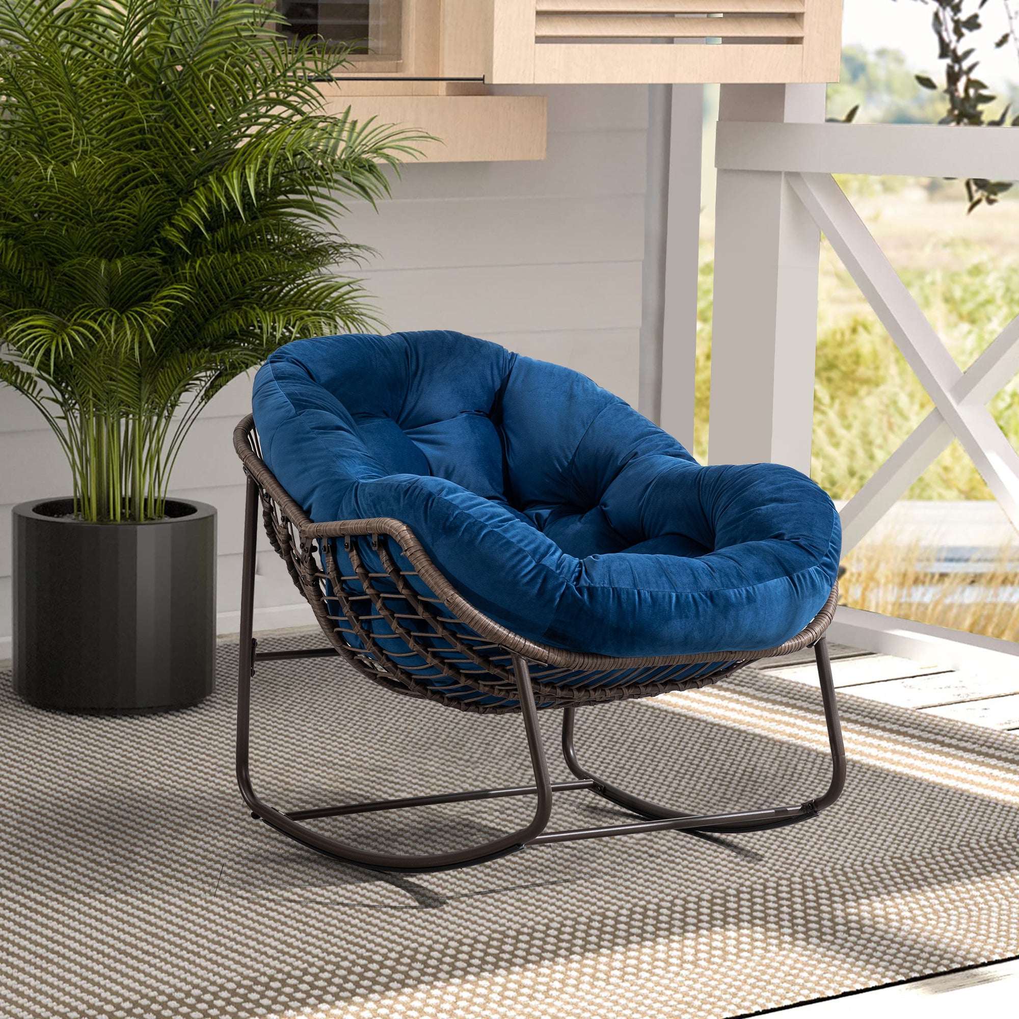 Outdoor Rattan Rocking Chair Padded Cushion Recliner Navy Blue