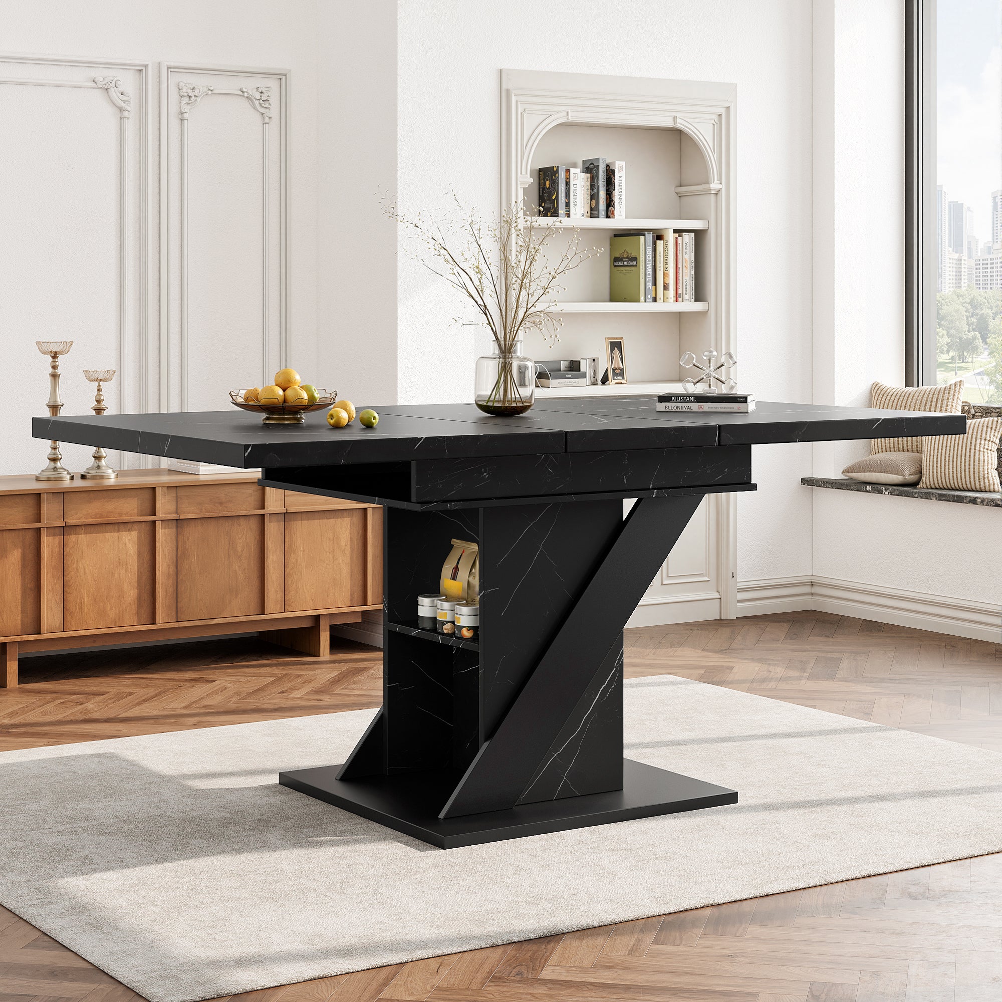 Telescopic Dining Table 110-140x80cm Extendable - Black Marble Look