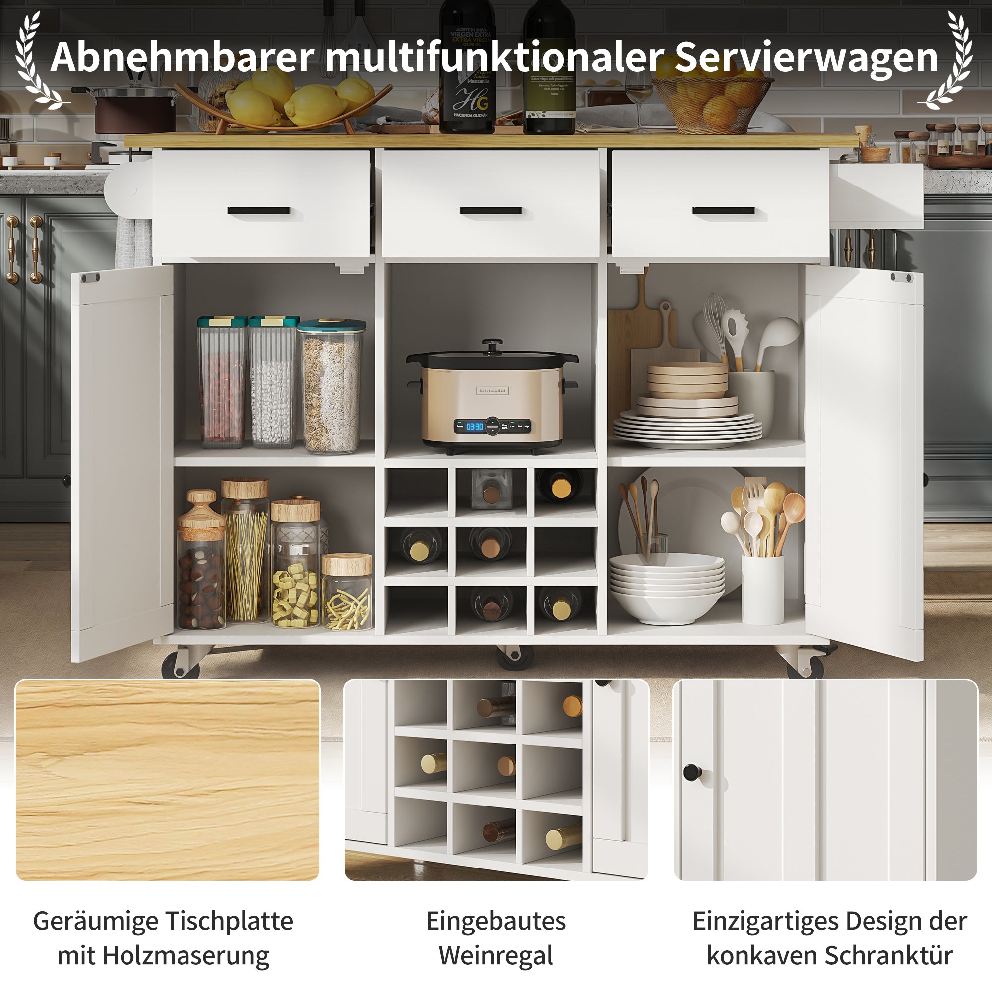 Dining Cart Removable Worktop Spice Rack Adjustable Storage - White