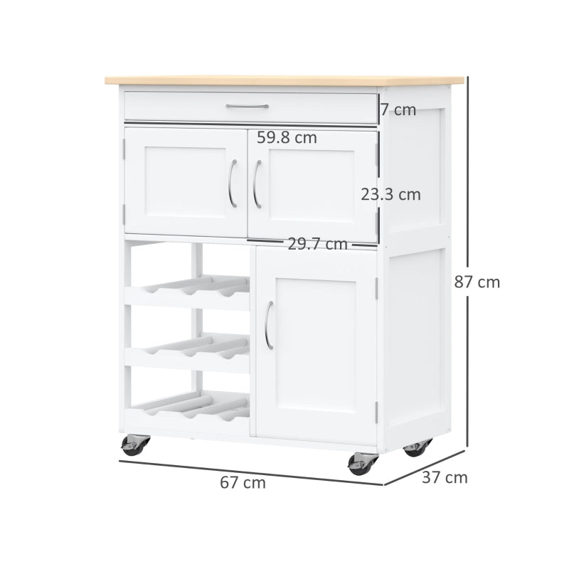 Modern Kitchen Trolley Rolling Island Storage Cart with Wine Rack and Door Cabinets, White/Wooden Countertop