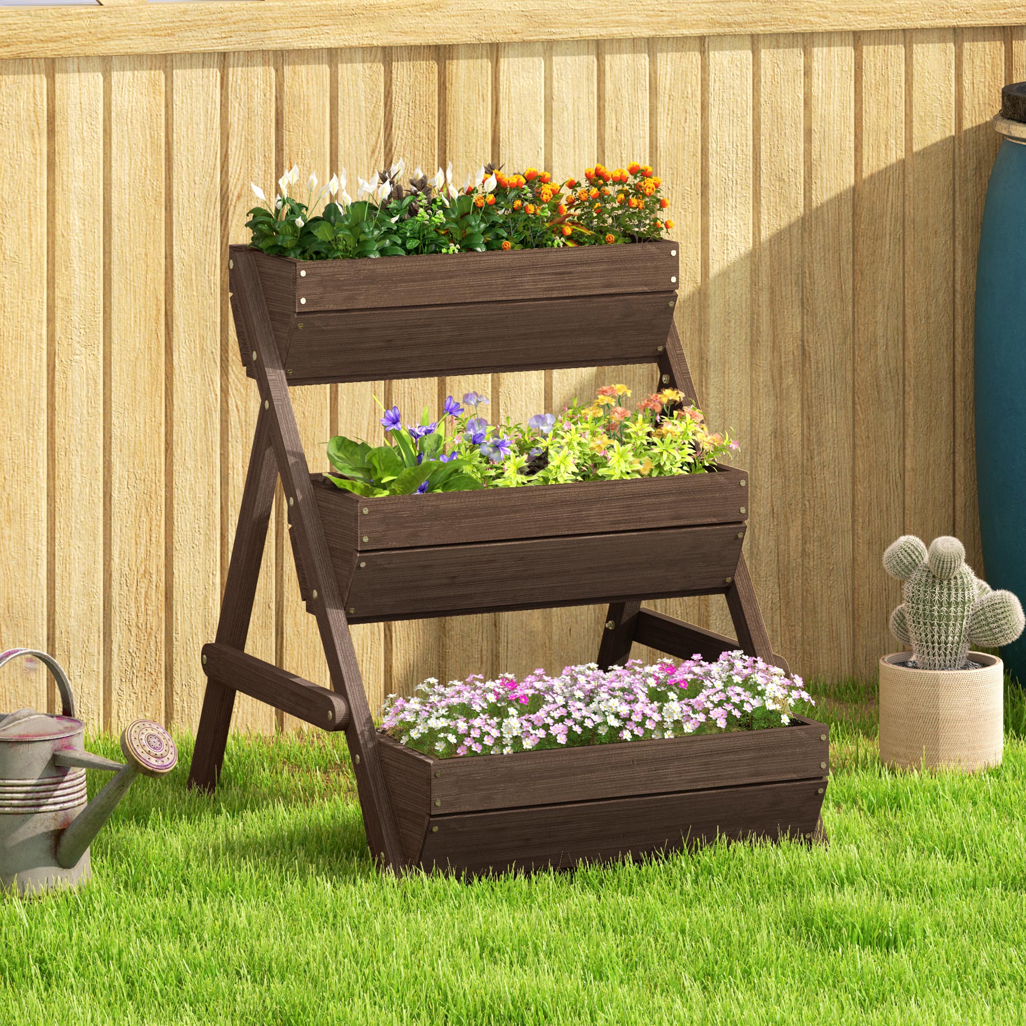 3 Tier Raised Garden Bed Elevated Planter Box Kit, Wooden Tan