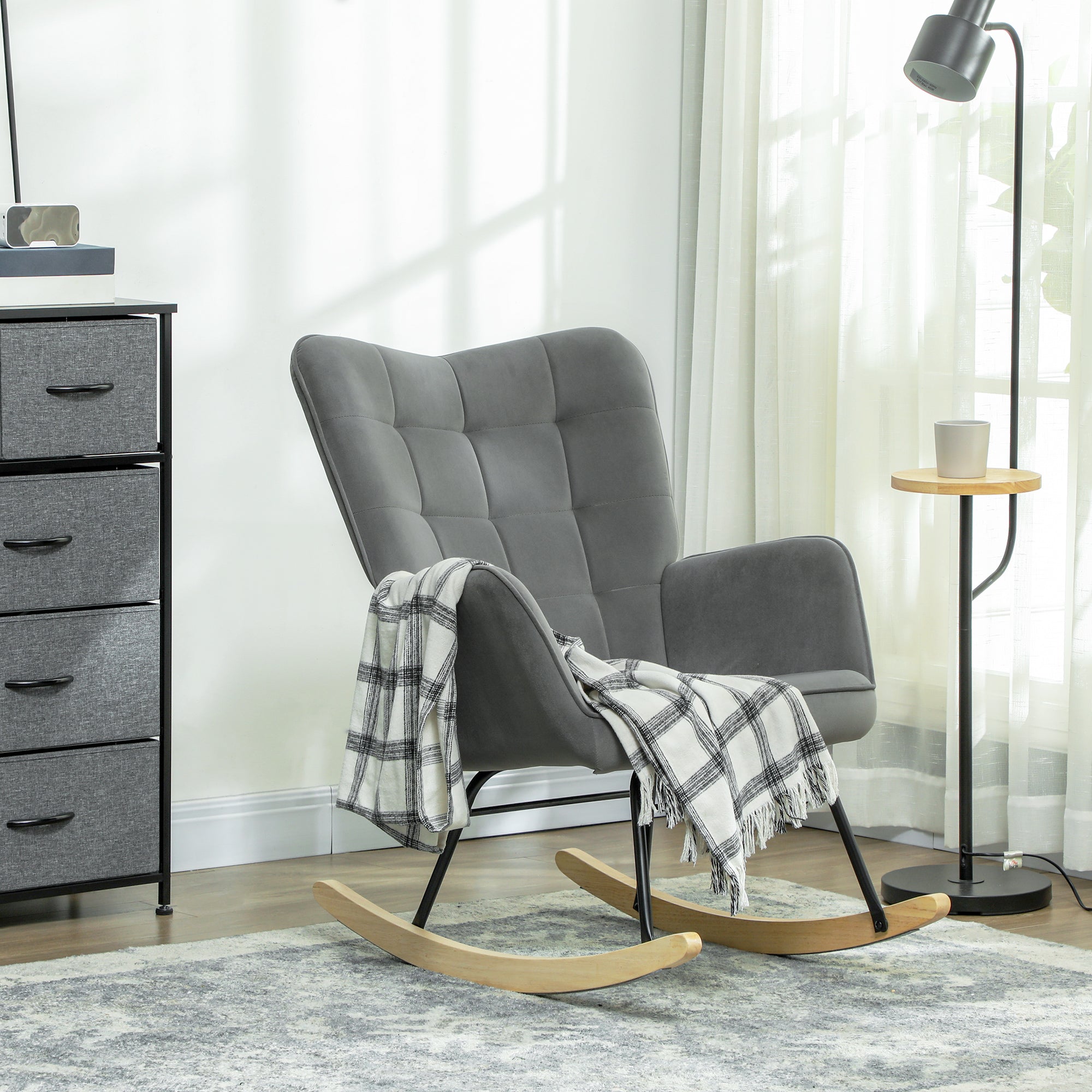 Rocking Chair Armchair with Wooden Runners, Velvet Look, Dark Grey