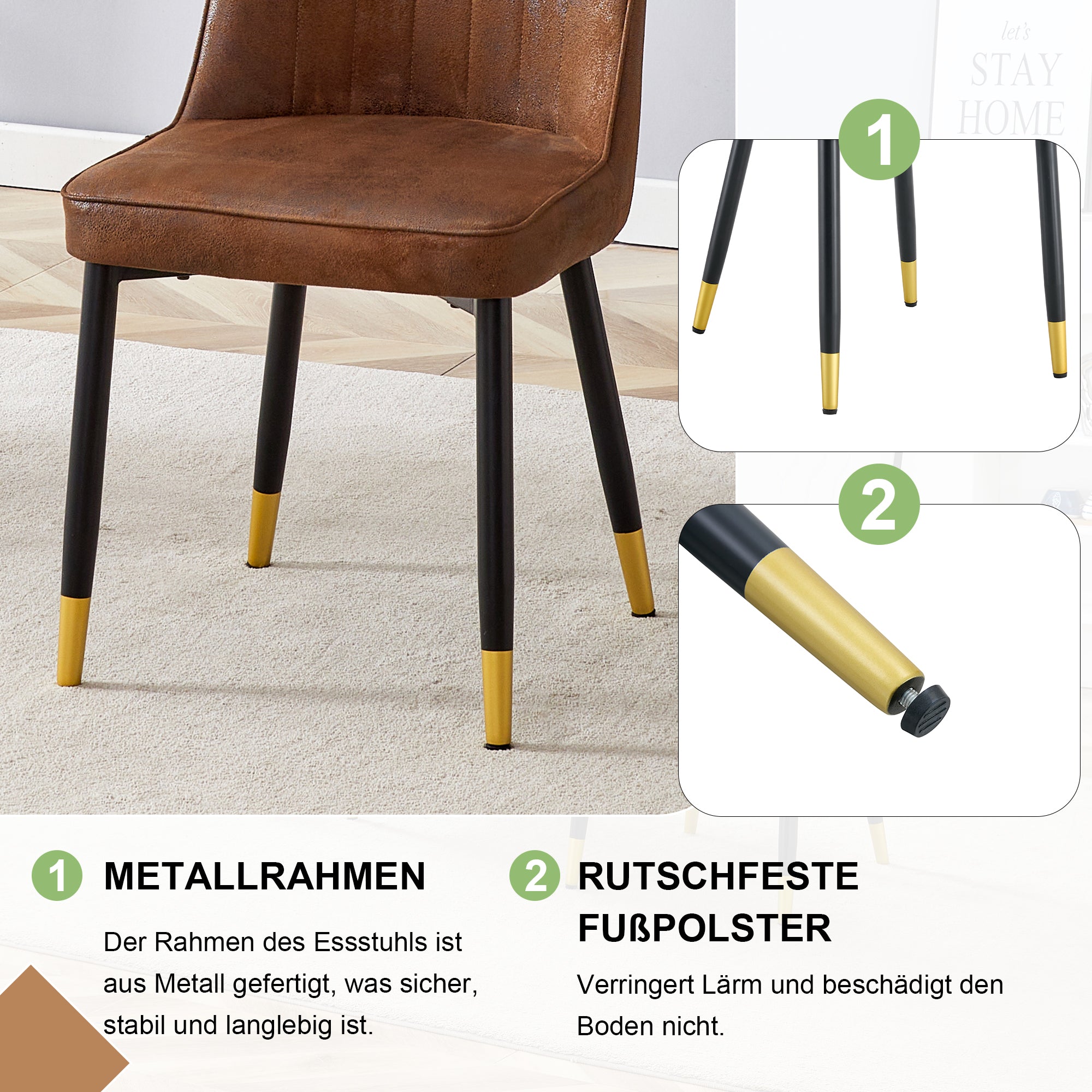 Set of 2 Dining Chairs, Modern with Black Metal Legs, Brown Tech Fabric