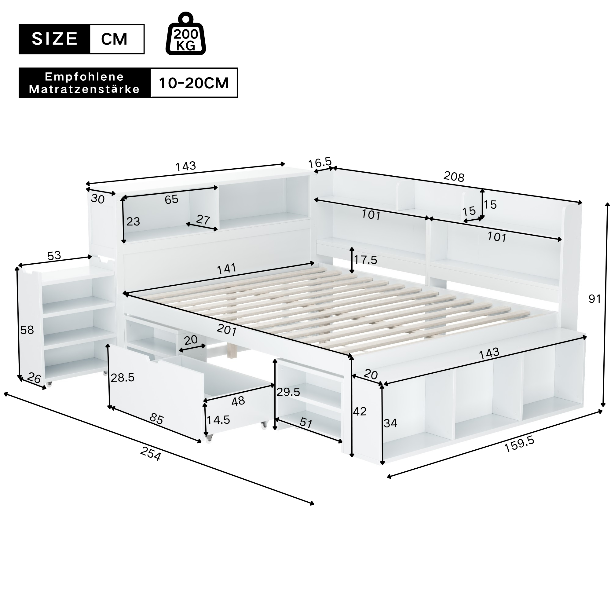 Children's Single Bed 140x200cm Storage Drawers Bookshelf White