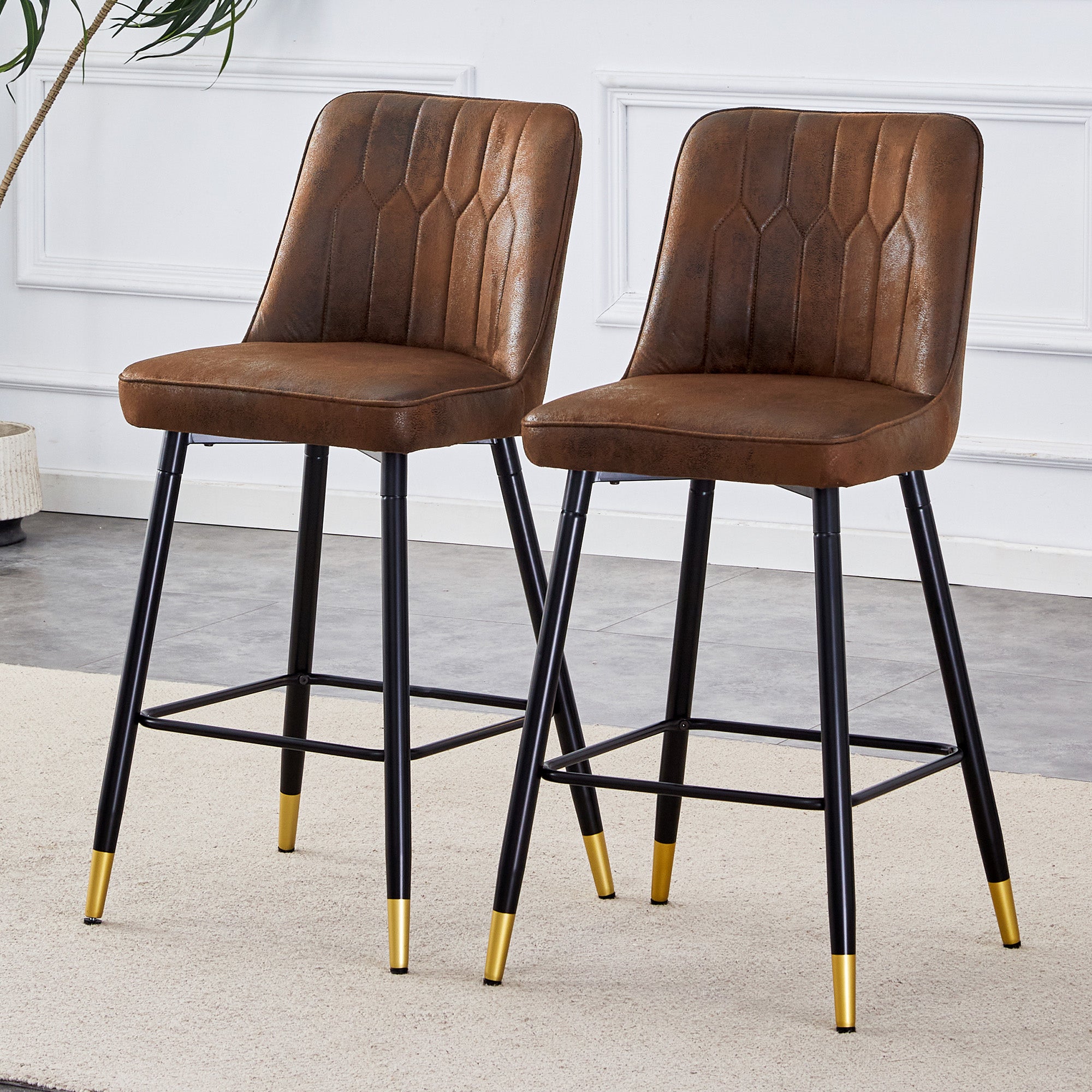Bar Stools, Set of 2, 100 cm High, Black Metal Frame, Comfortable Footrest, Brown Tech Fabric