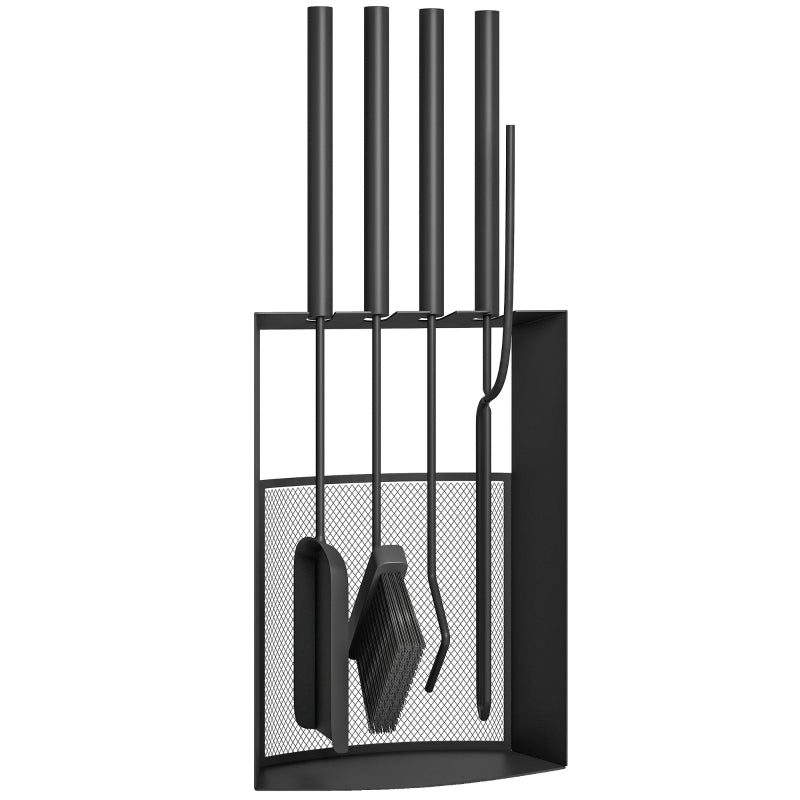 Fireplace Tool Set 5-Piece with Brush, Shovel, Poker, Tongs, and Stand, Black Metal