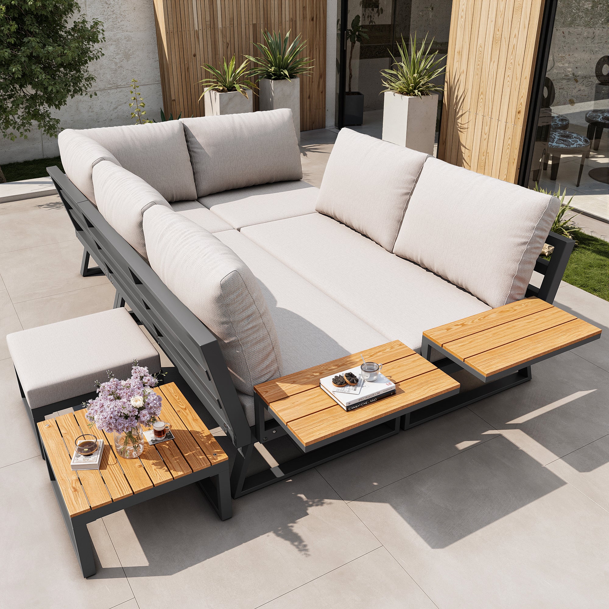 L-shaped Garden Sofa Set 7-Seater Lounger with Table Armchair Stool - Grey/Beige