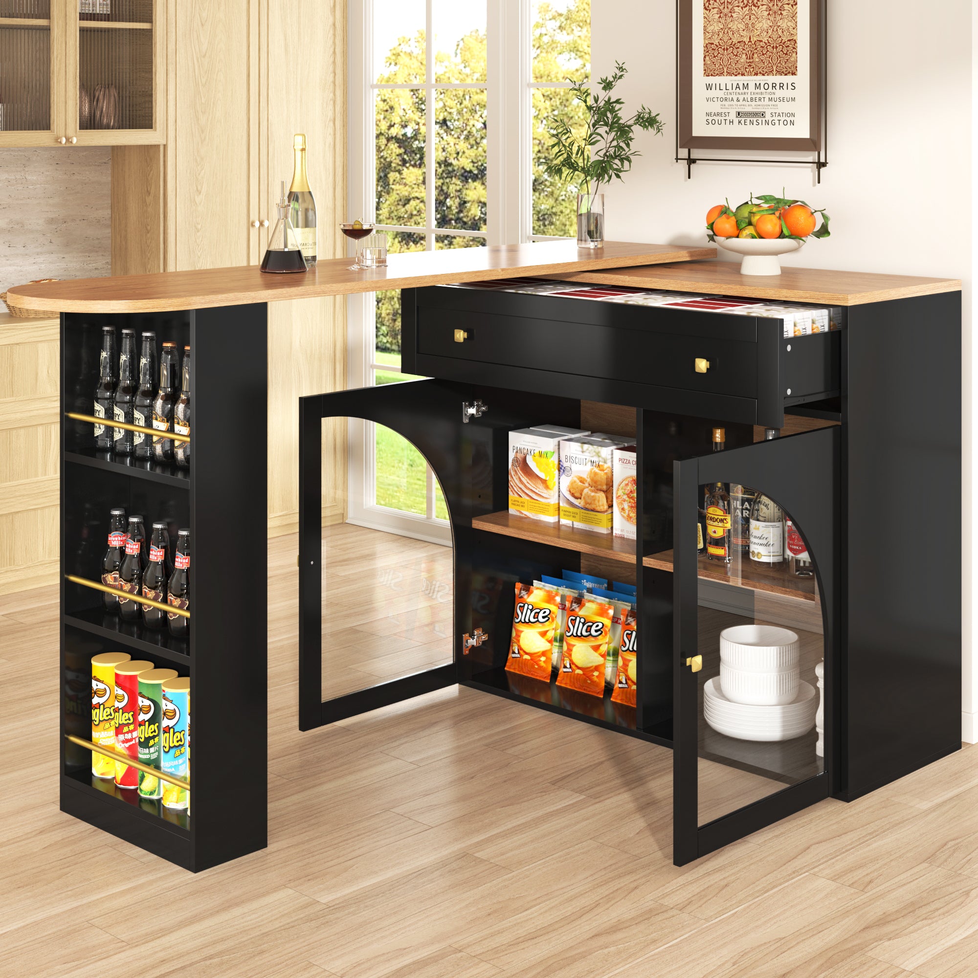 Extendable Bar Table 360° Rotating Storage Shelves Glass - Black