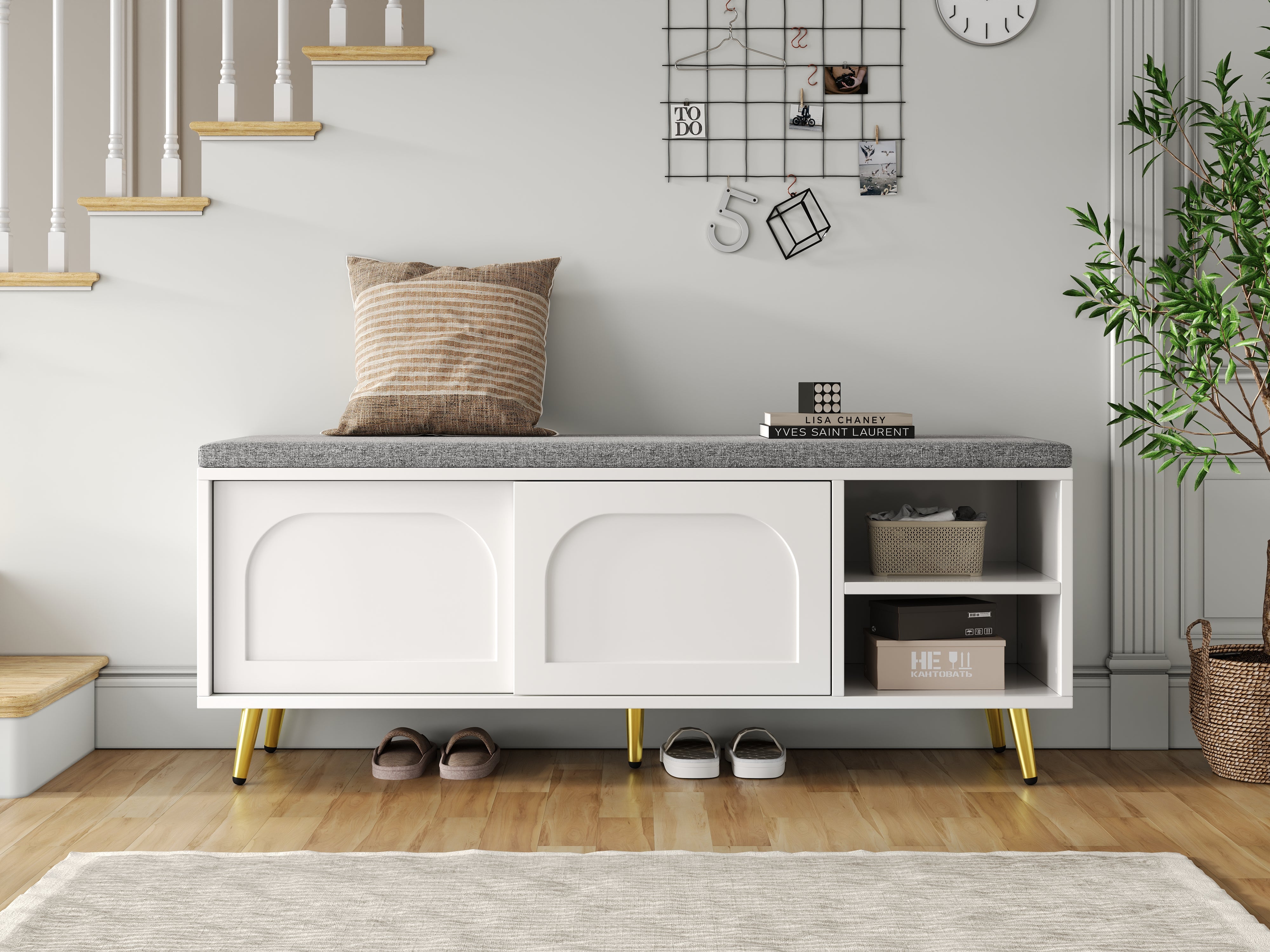 Shoe Bench Storage with Seat Cushion - White