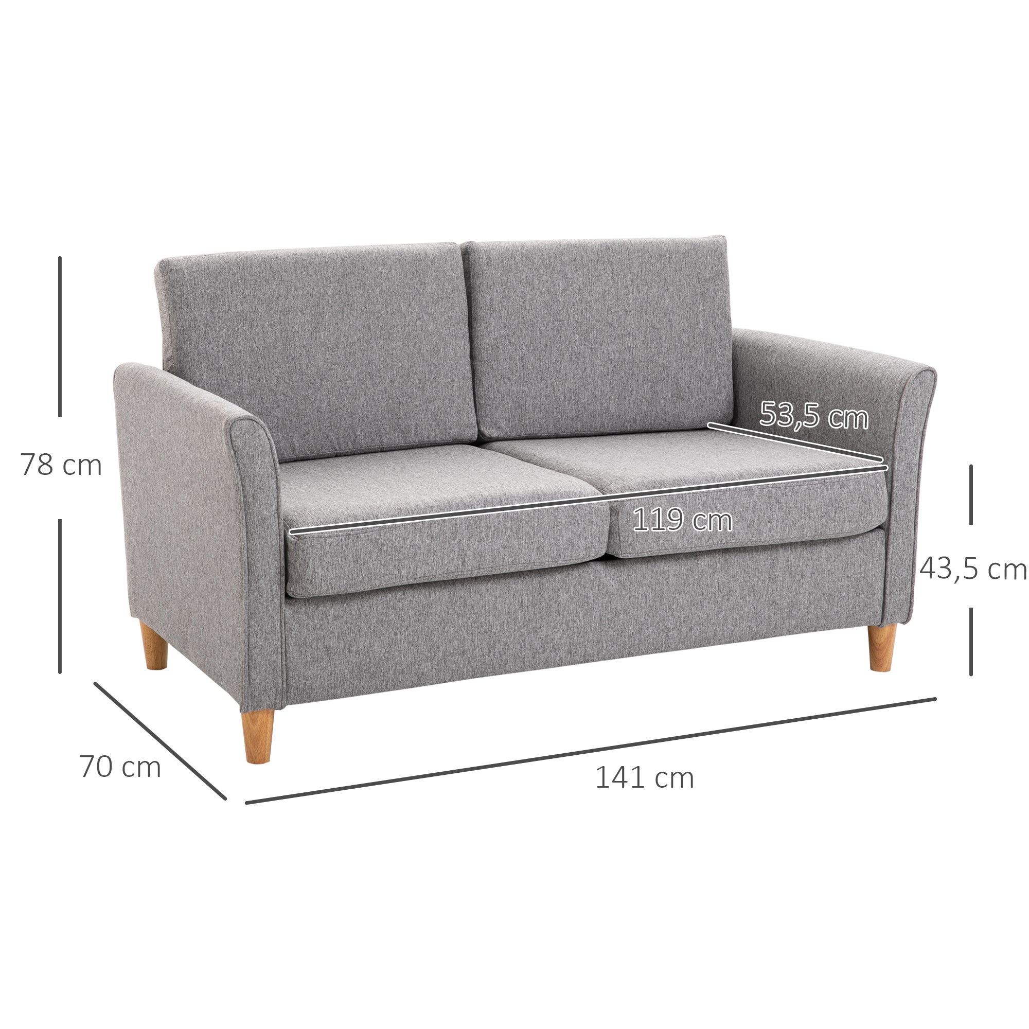 Double Sofa, Removable Cushions, Linen Light Grey