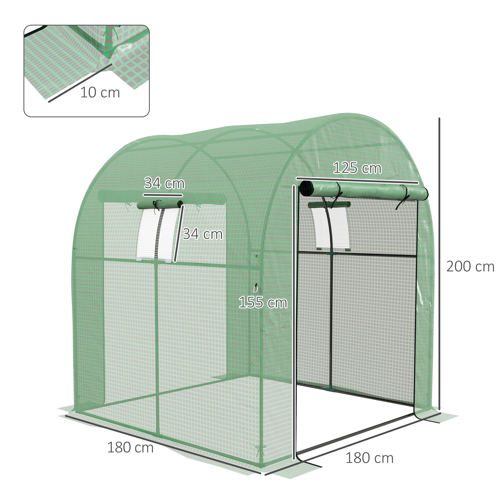 Walk-In Polytunnel Greenhouse, 180 x 180cm, Green