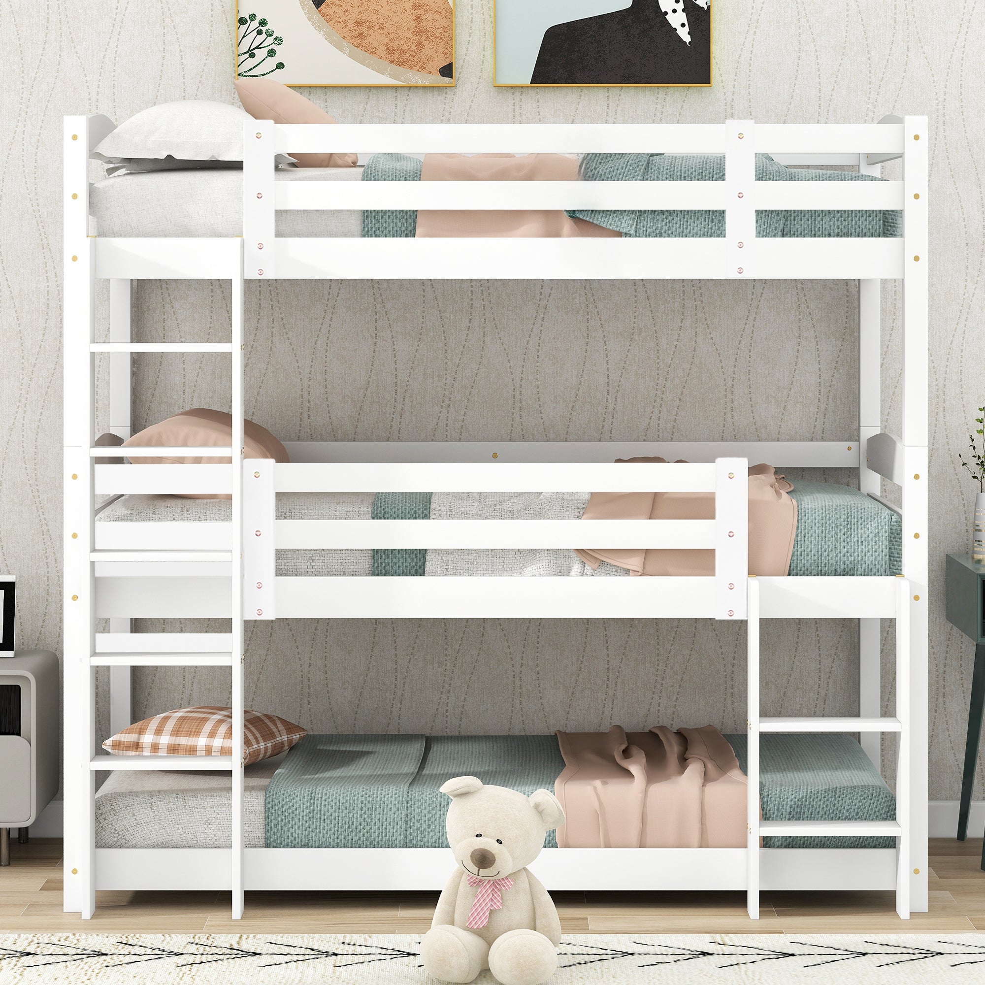 (WX000112AAK-3) Triple Bunk Bed 90x200cm Single-Size Wooden, White