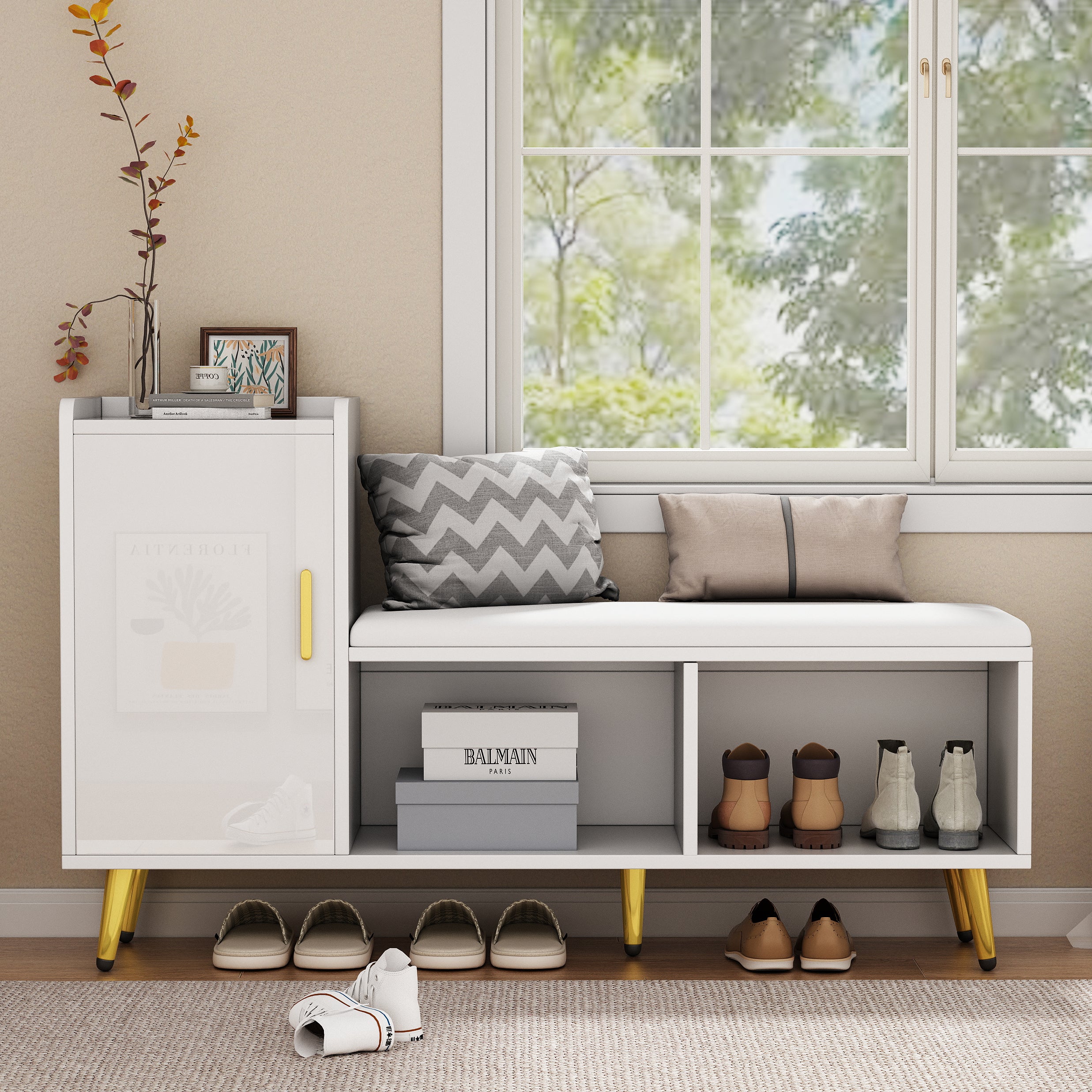 Shoe Cabinet, Multi-Tiered Storage with Upholstered Seat and Gold Accessories, White High Gloss