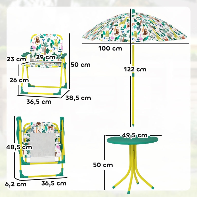 Children's Seating Set 4-piece with Removable Parasol and 2 Folding Chairs Green