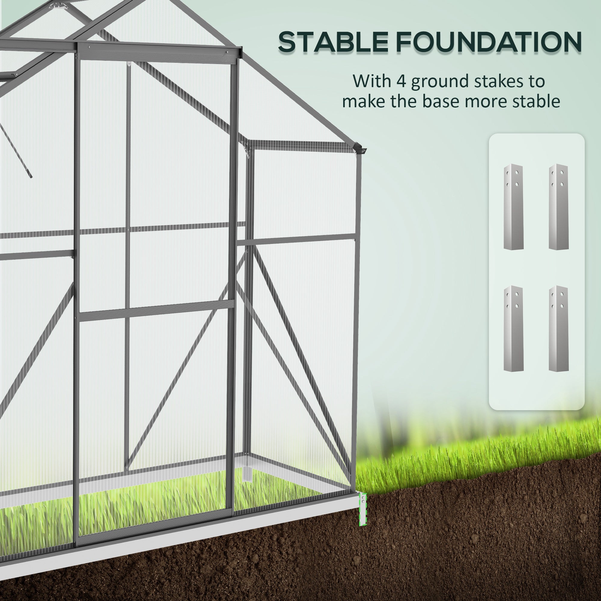 Polycarbonate Greenhouse Walk-In with Rain Gutter, Sliding Door, Window, Foundation, Dark Grey