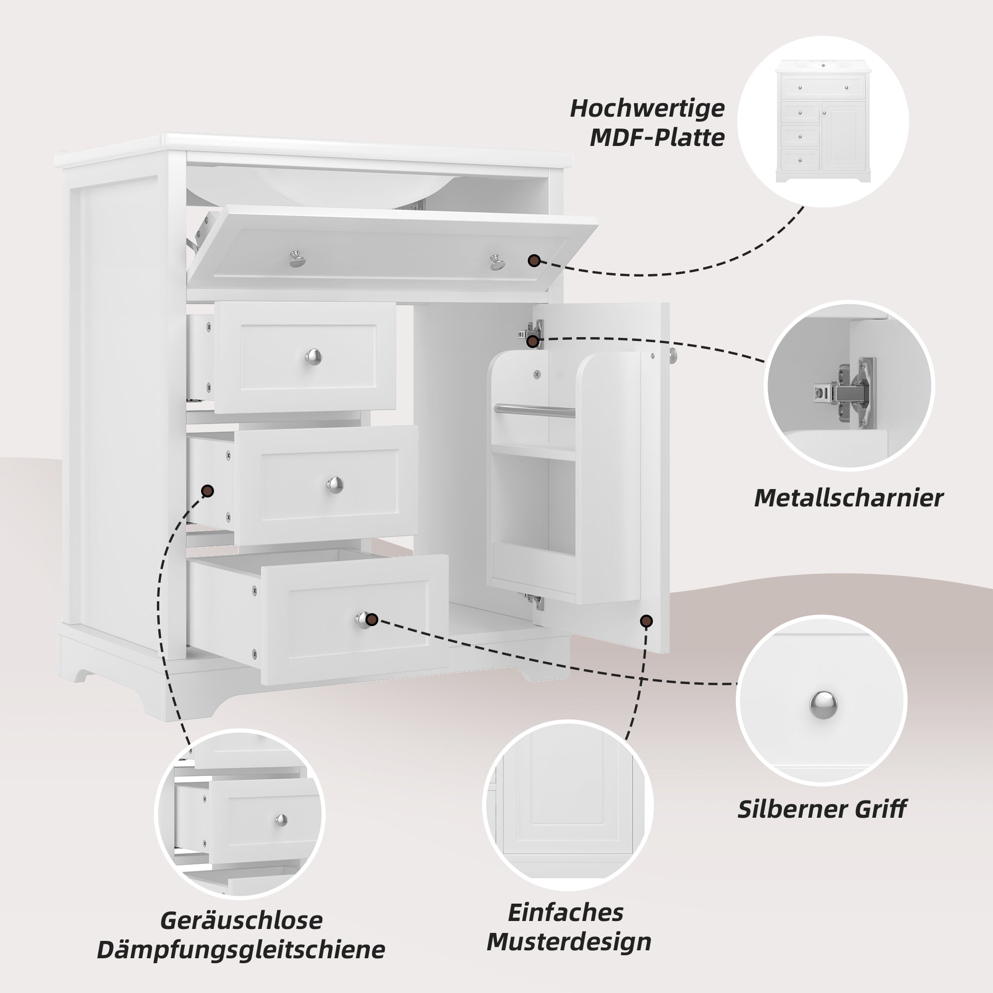 Bathroom Vanity Unit with Ceramic Sink and Drop-down Drawer, White