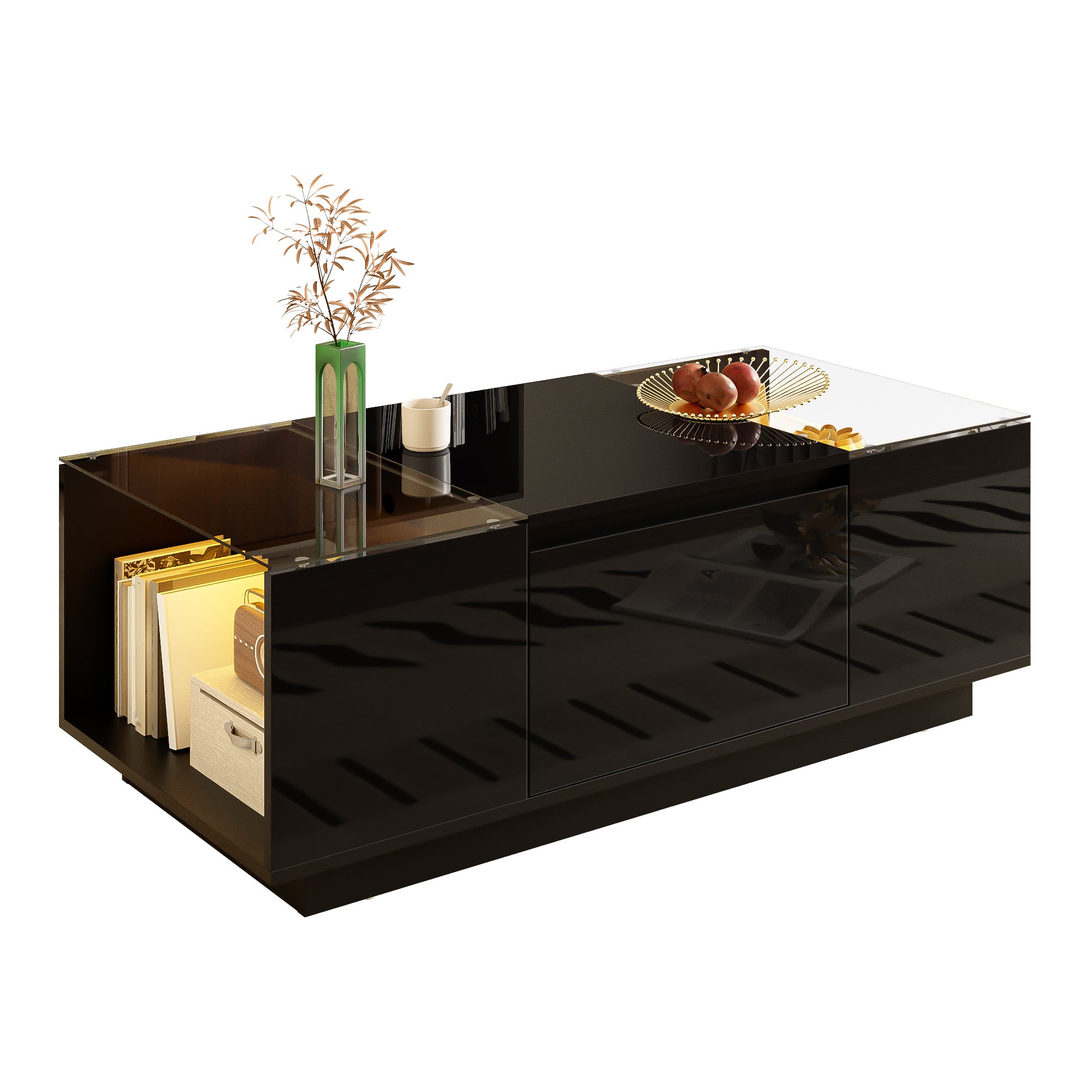 Coffee Table Modern Minimalist 105cm, Storage, LED Lighting, Glass Top, 2 Drawers