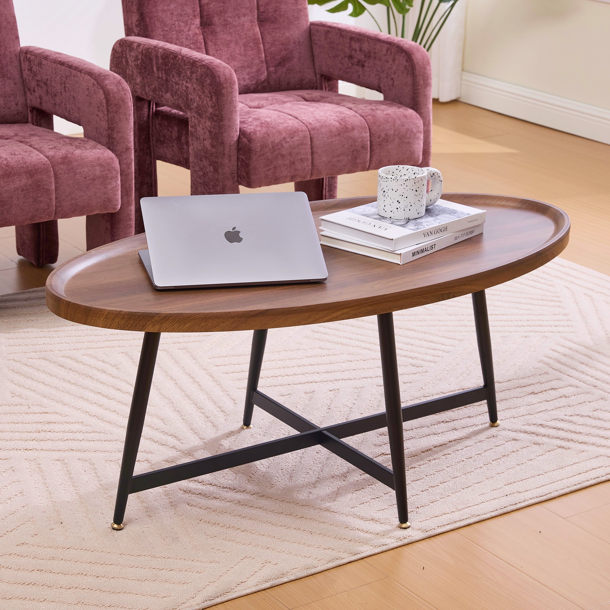 Oval Coffee Table Modern Minimalist Wood Metal Frame