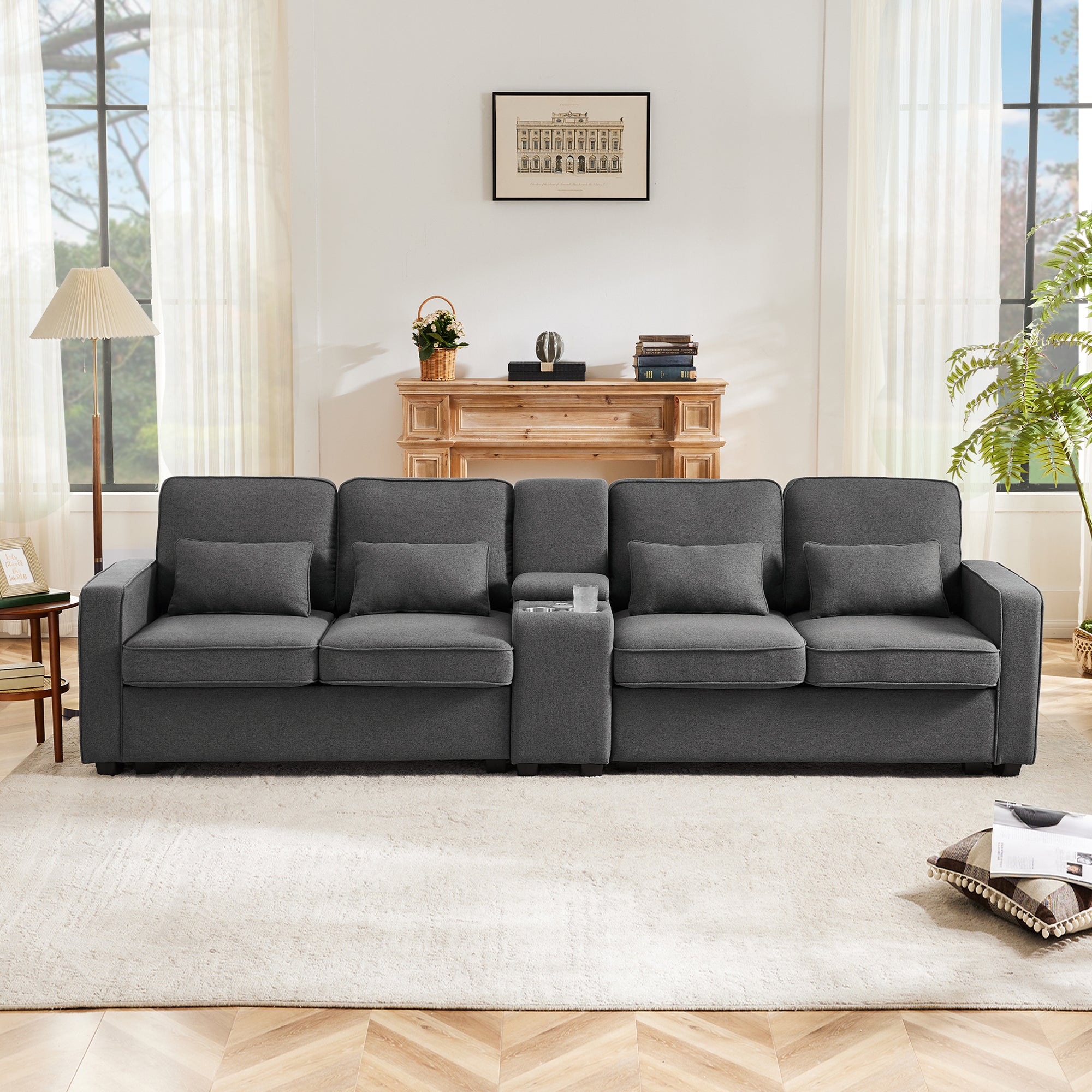 Sofa, Modern 4-Seater with Console, USB, Cupholders, Linen Fabric