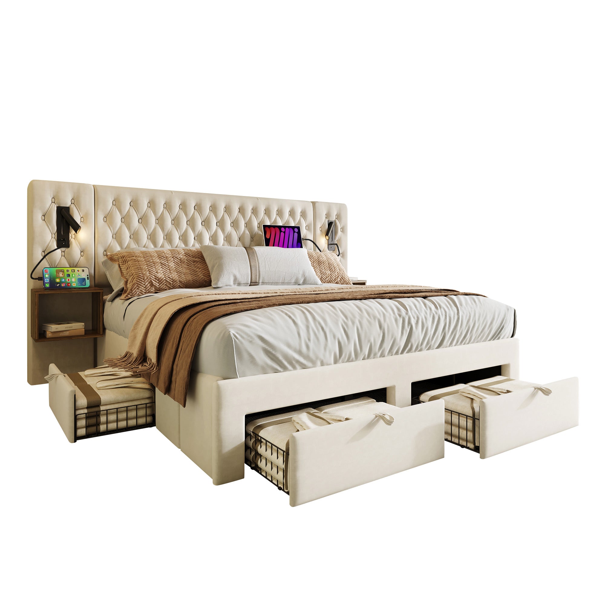 Bedroom Set, Upholstered Double Bed 160x200cm, 2 Nightstands, 4 Drawers, Headboard Reading Light with USB, Beige Velvet