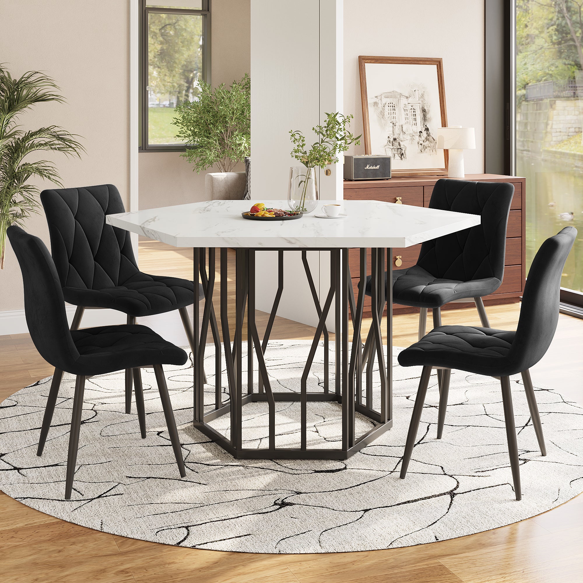 Dining Table and Chair Set, 5-Piece Hexagonal Marble with 4 Black Velvet Chairs