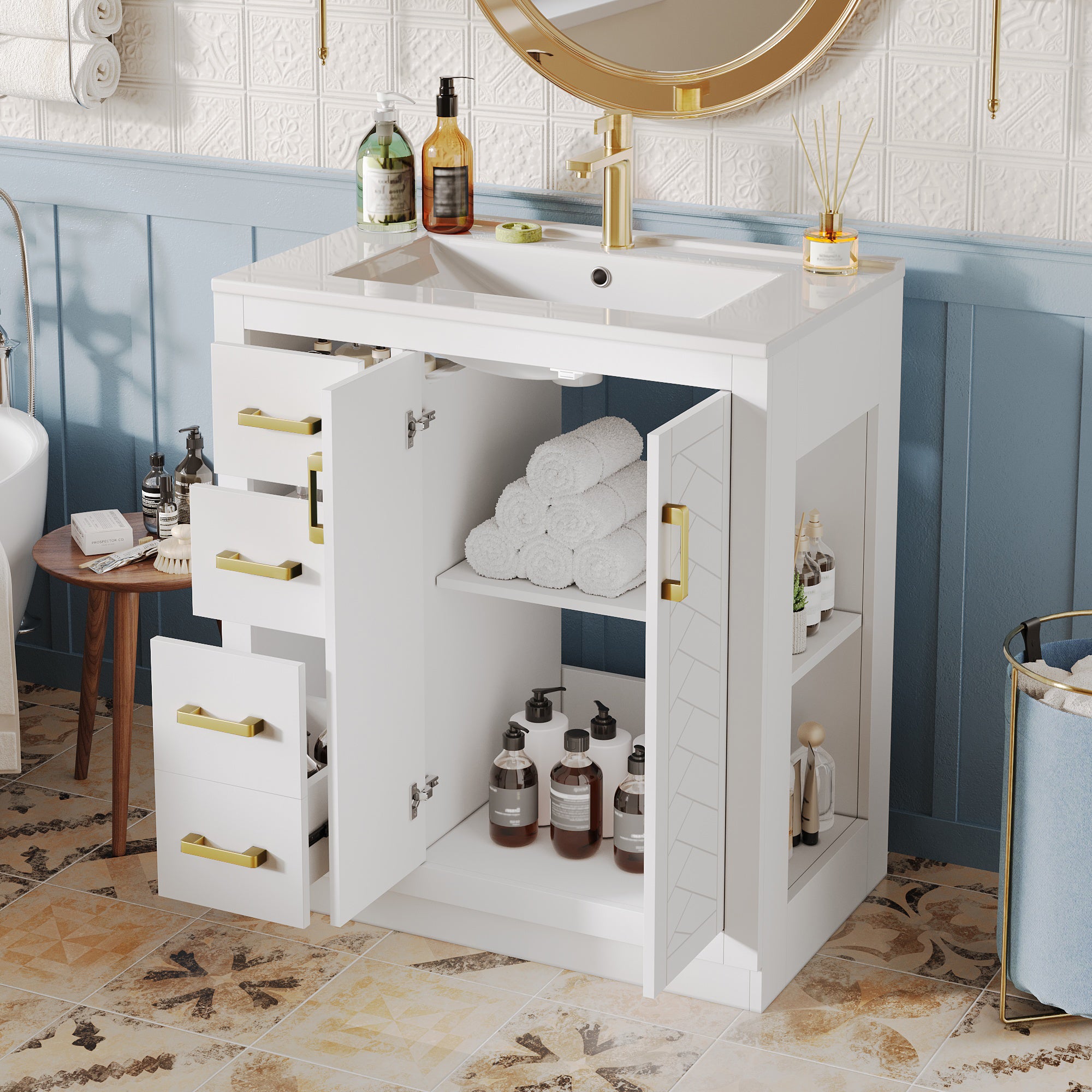 Bathroom Vanity Unit with Ceramic Sink and Side Storage Shelf, White