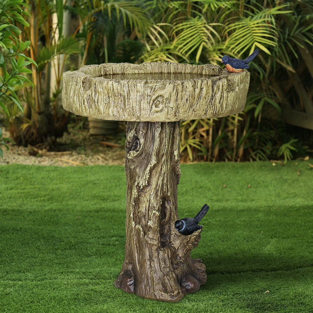 Birdbath concrete wood look with decorative artificial bird