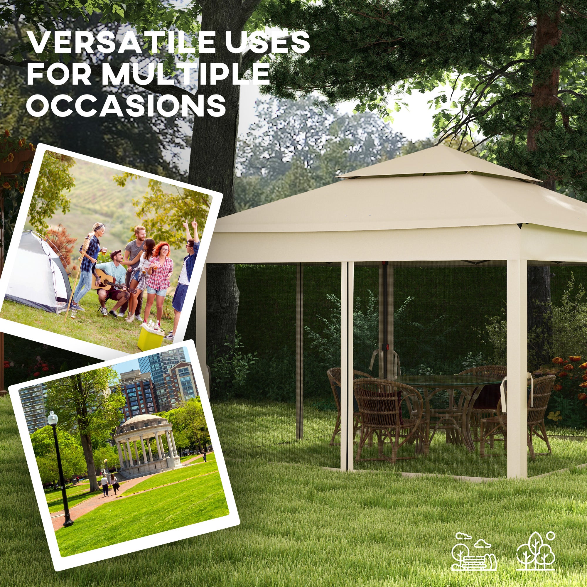 Pop Up Gazebo, 3x3m Double-Roof with Netting and Carry Bag, Cream White
