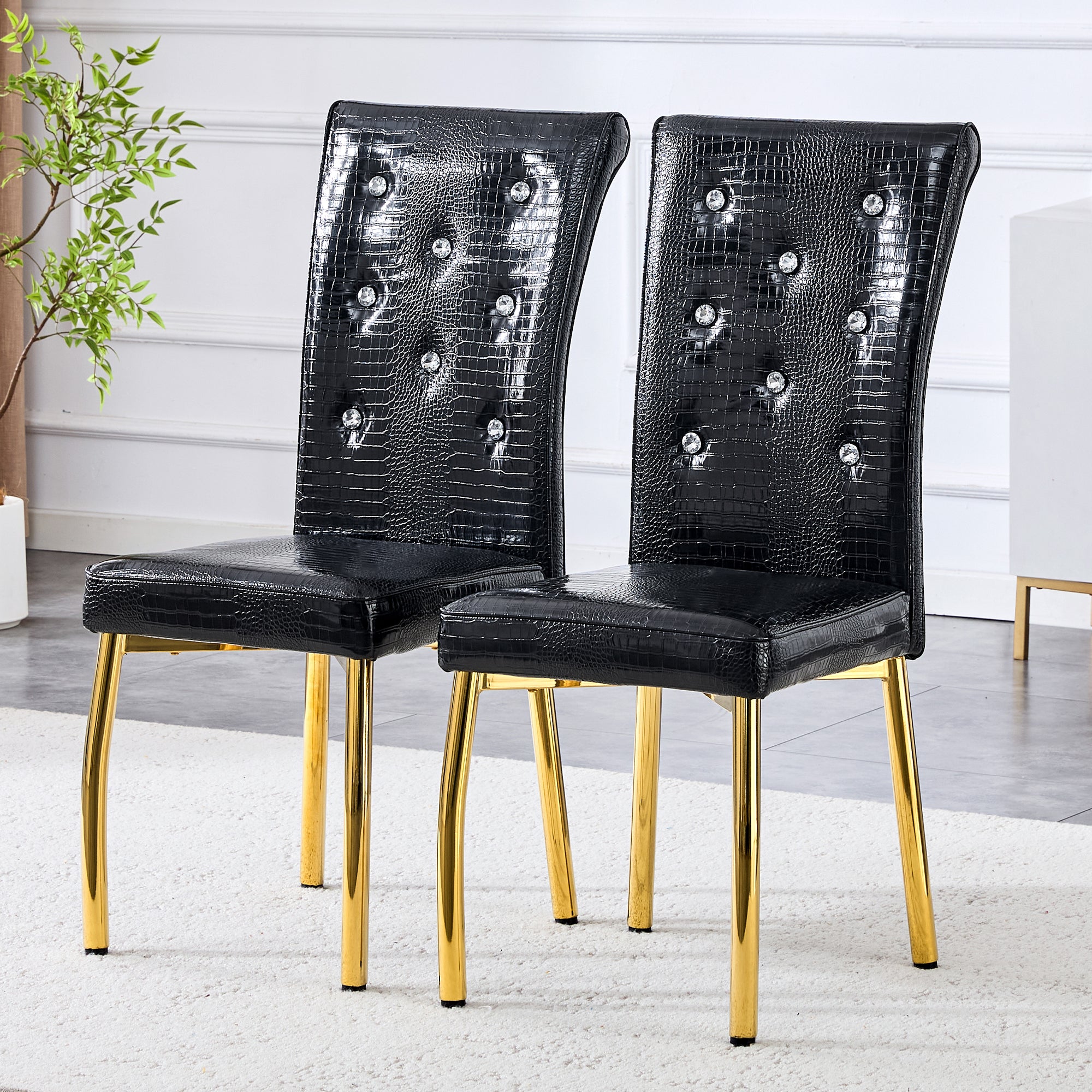 Dining Chairs, Set of 2 Retro Alligator-Skin Upholstered with Crystal Buckle Design, Gold-Plated Metal Legs, Faux Leather