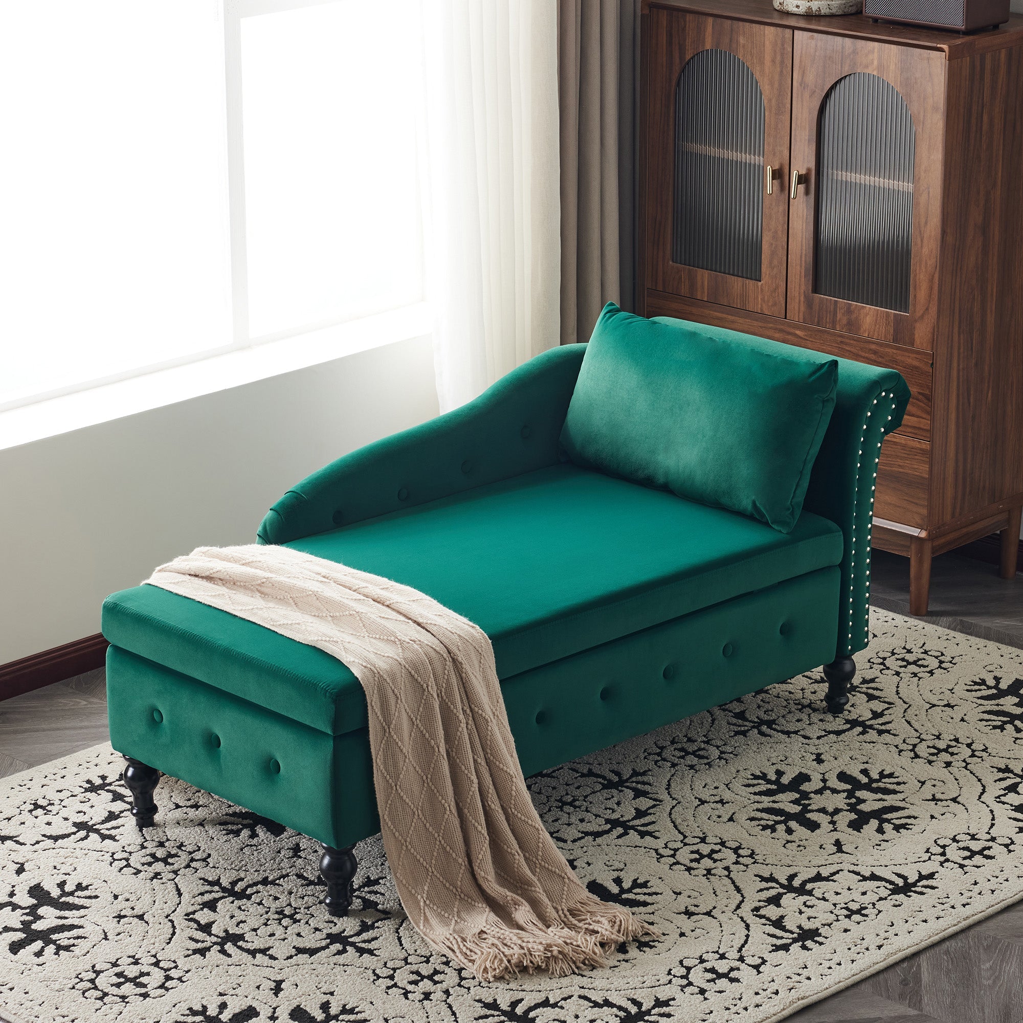 Velvet Chaise Lounge Sofa with Storage, Upholstered, Modern Nailhead-Trim & Button-tufted, Right Armrest