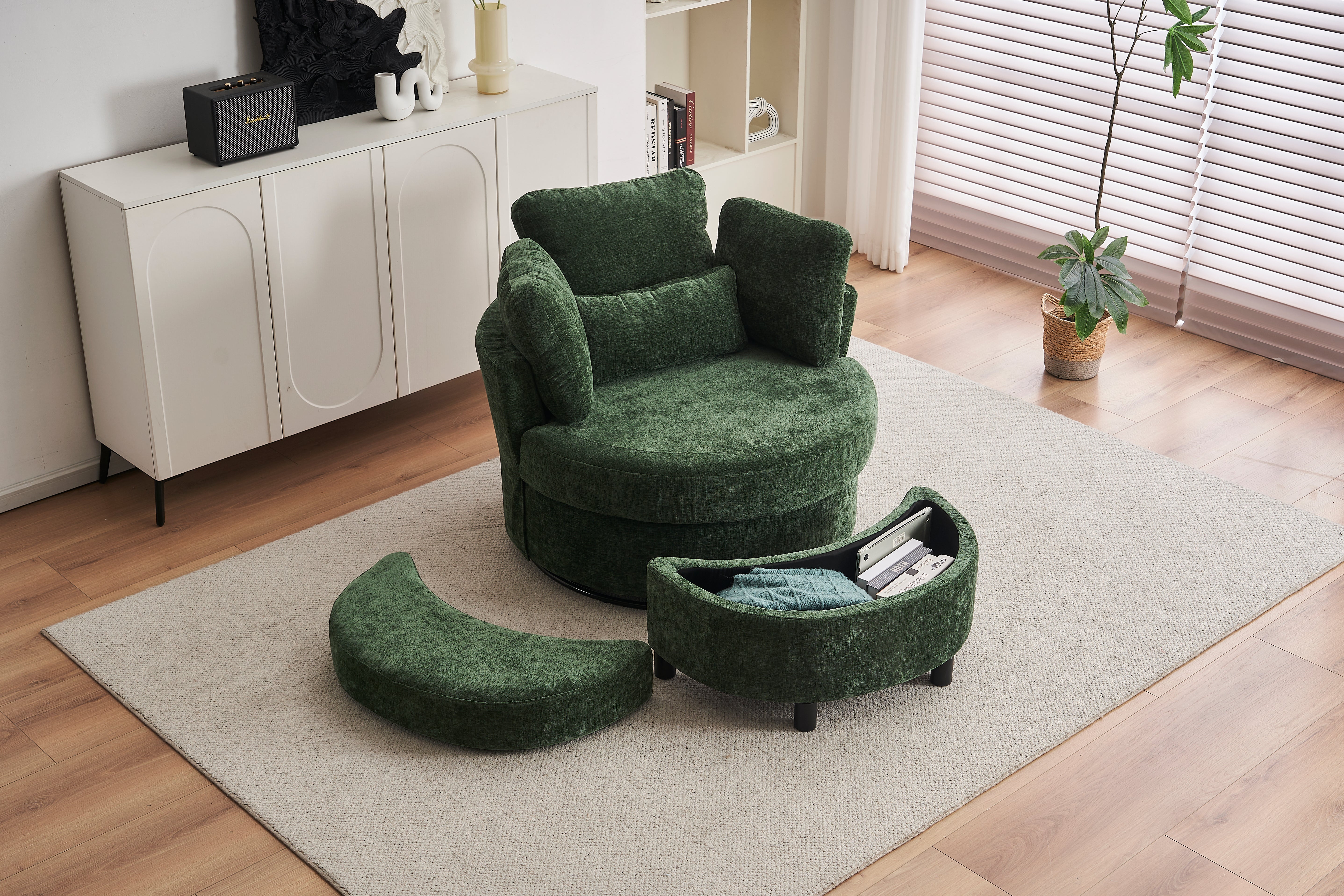 Chenille Swivel Armchair with 3 Back Cushion Pillow and Ottoman Crescent Stool, Green
