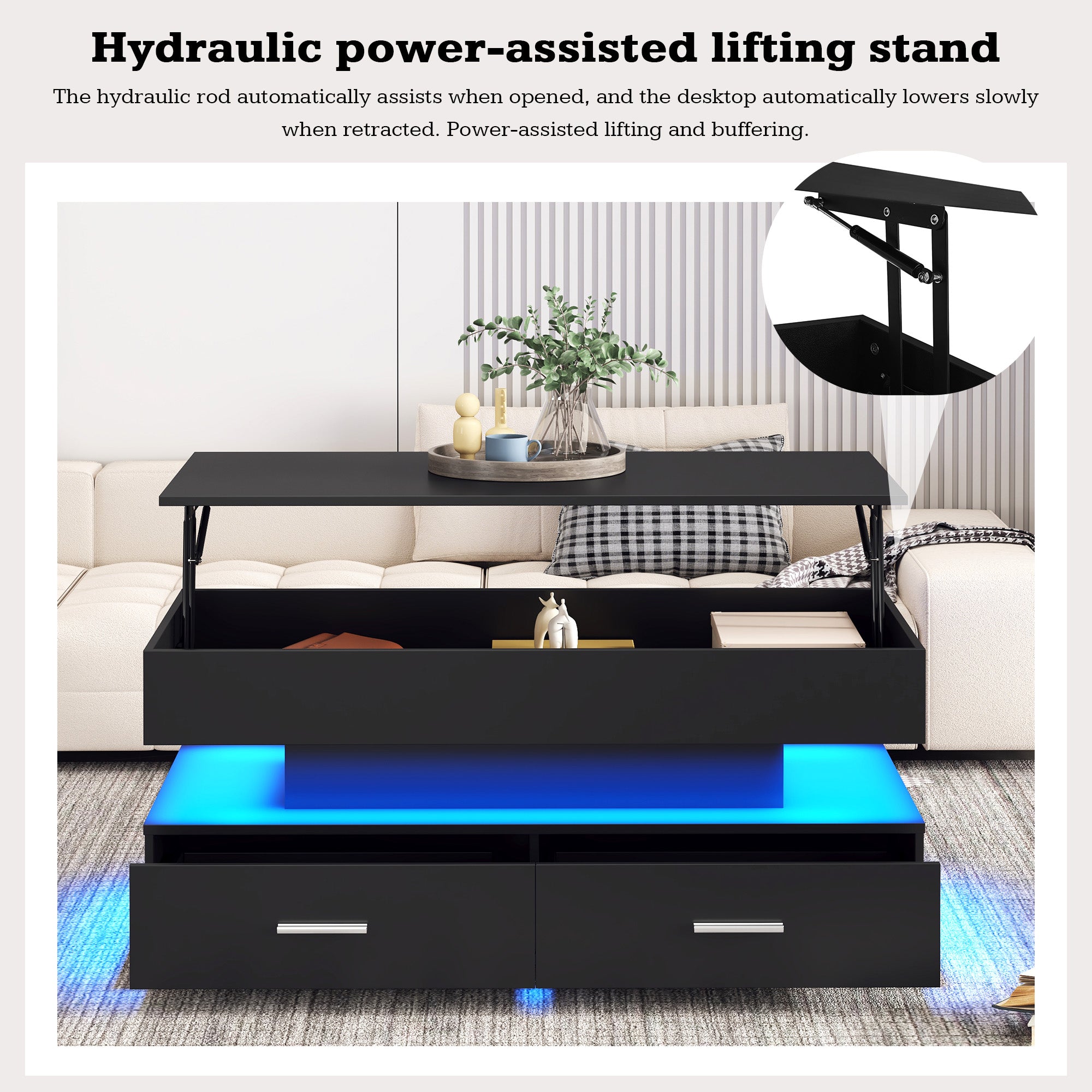 Coffee Table, Hydraulic Height-Adjustable with LED & Bluetooth, 2 Drawers, Black
