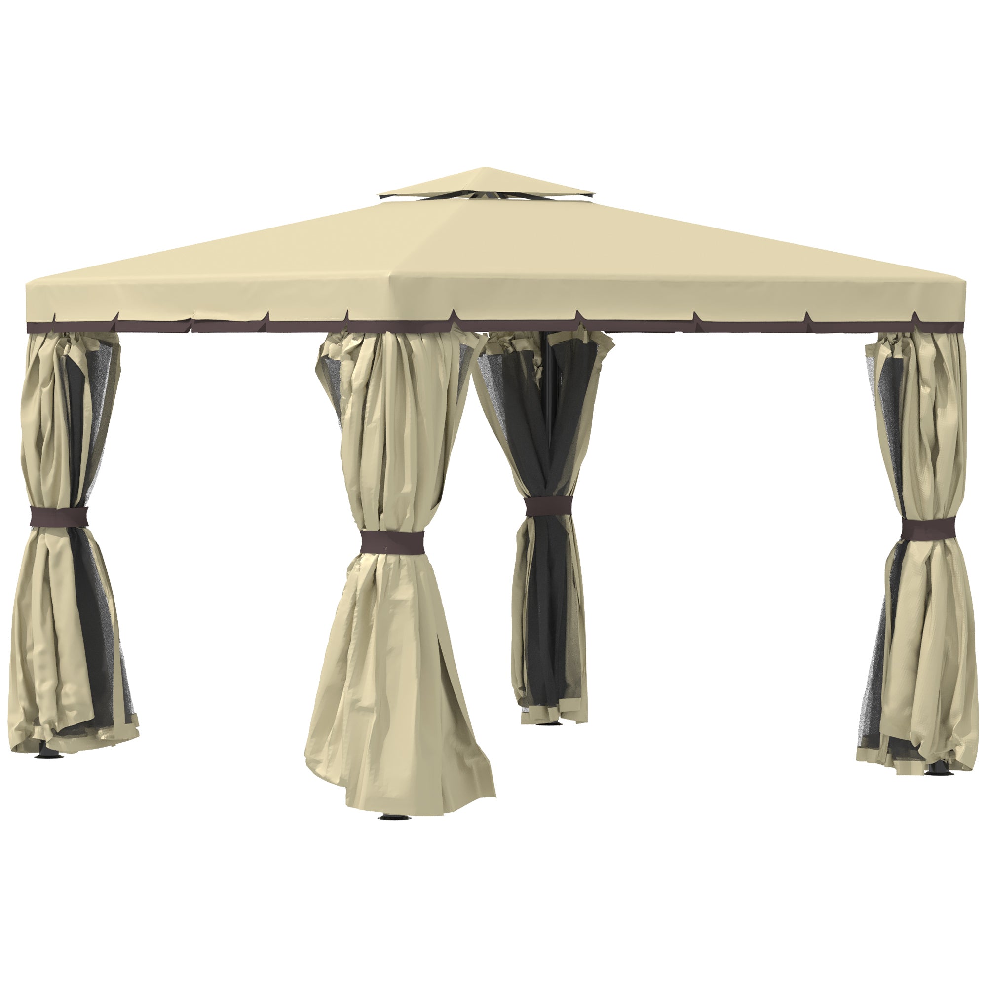 Patio Gazebo Canopy, 3 x 3m, 2 Tier Roof, Netting & Curtains, Beige Aluminium Frame