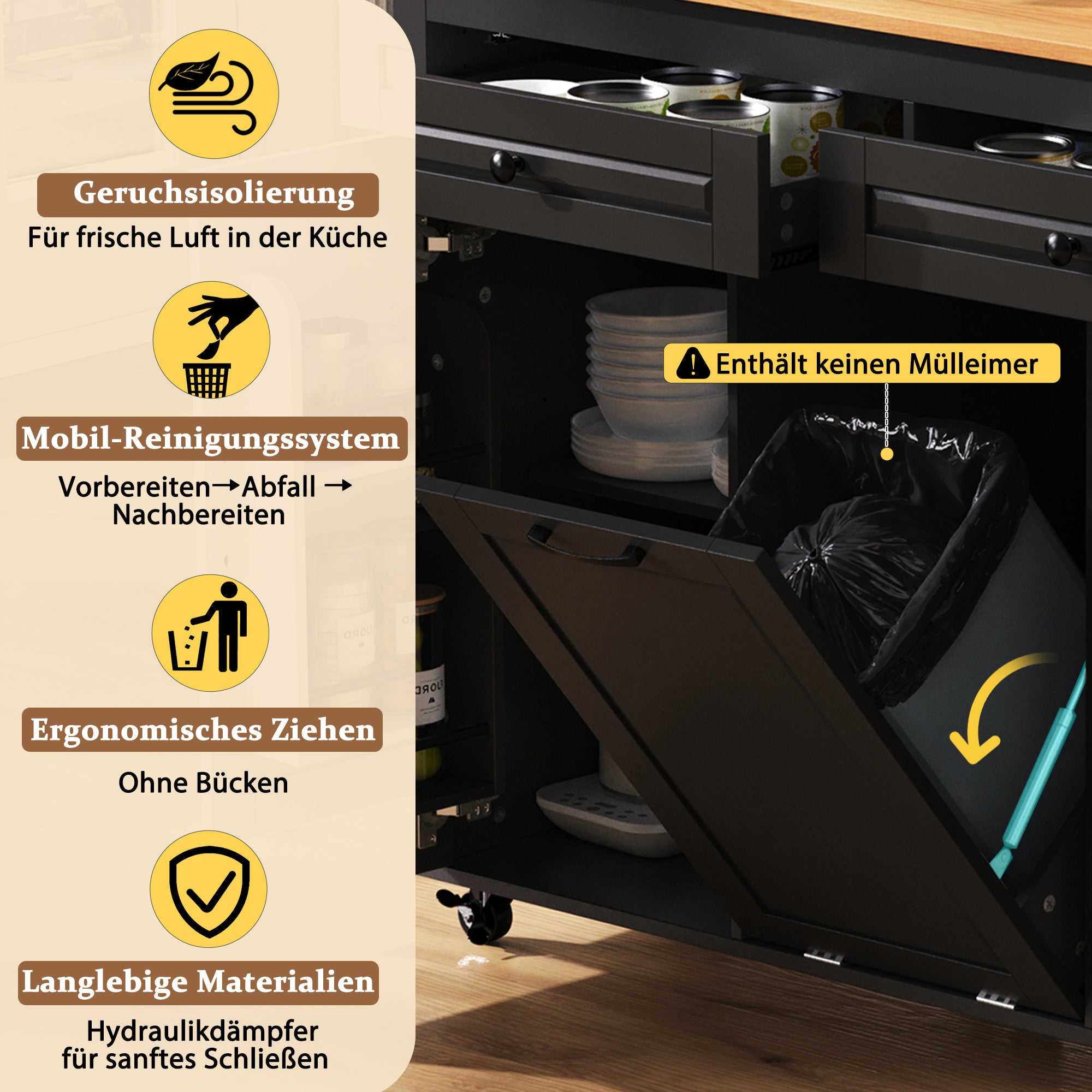 Kitchen Island Mobile Extendable Dining Worktop Waste Bin Power Strips - Black