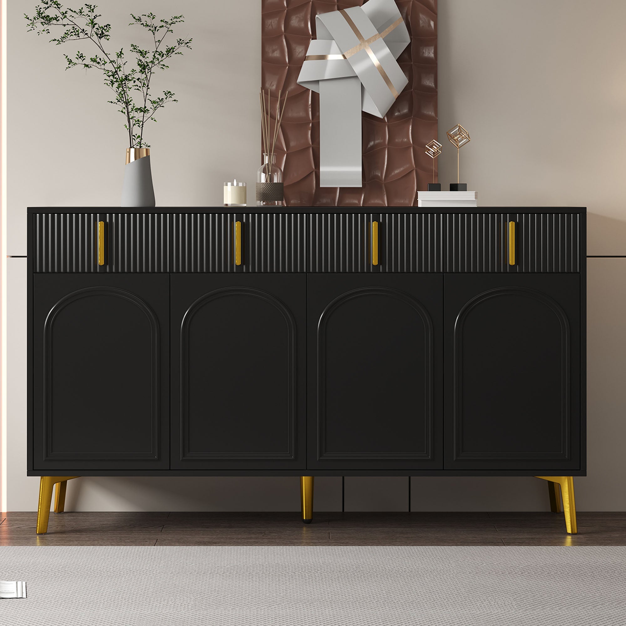 Sideboard, 4 Doors 4 Drawers, Gold Accents
