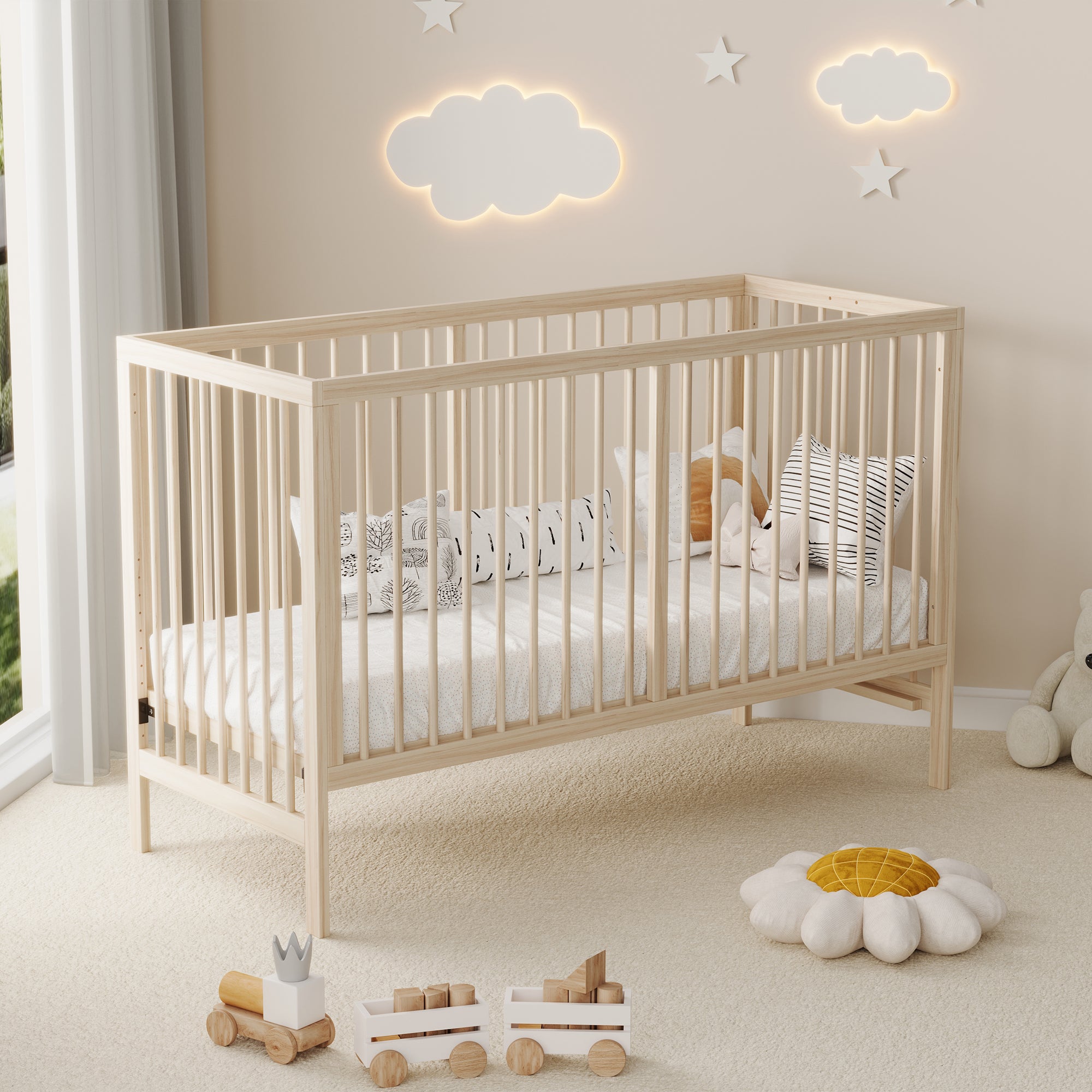 Children's Combination Furniture: Multifunctional Baby Bed, Wardrobe & Rotating Bookcase, Natural Colors