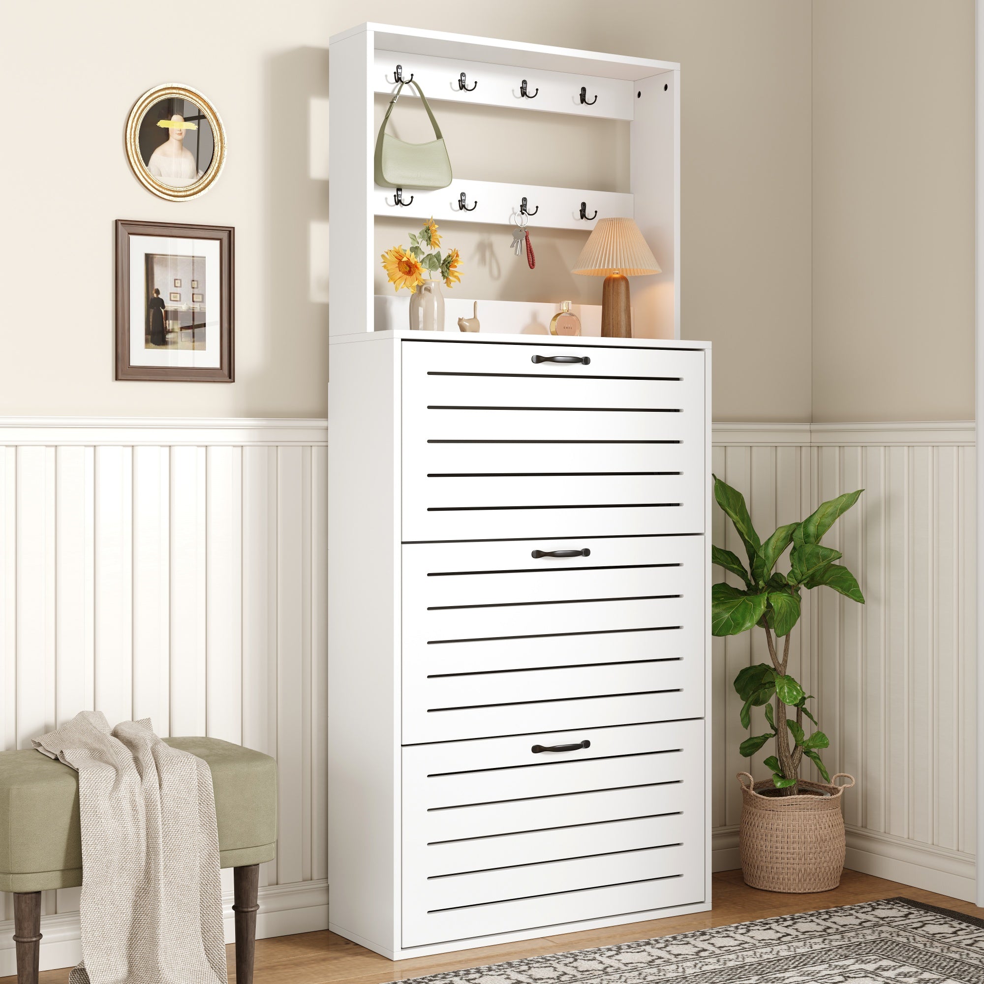 Shoe Cabinet with 3 Doors, Hooks, 15 Pairs Capacity