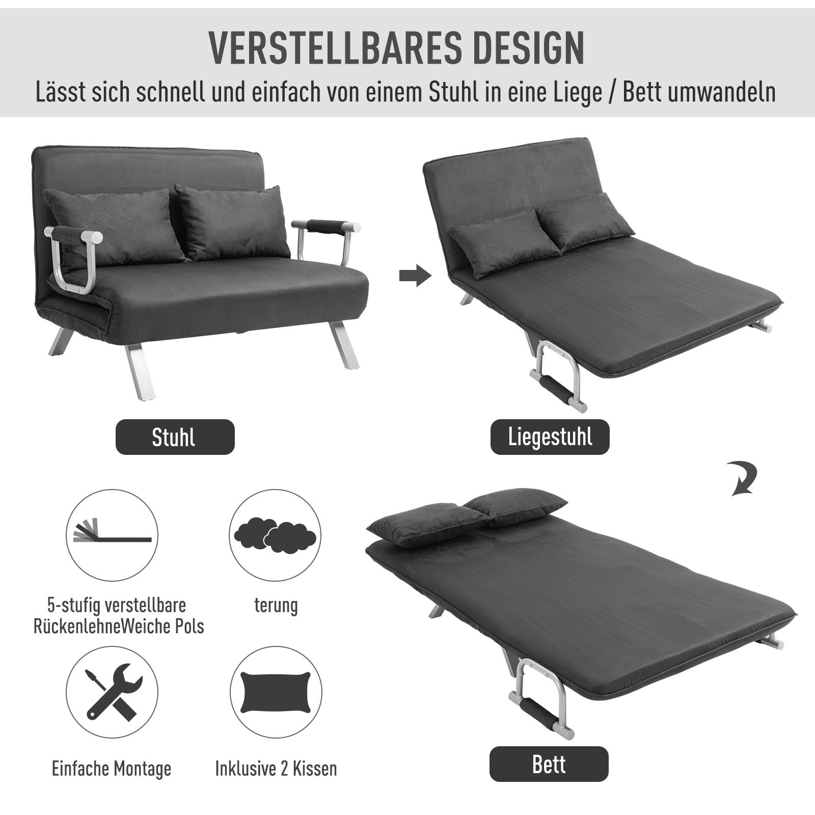 2-Seater Sofa Bed, Armrests Folding Guest Faux Suede Grey