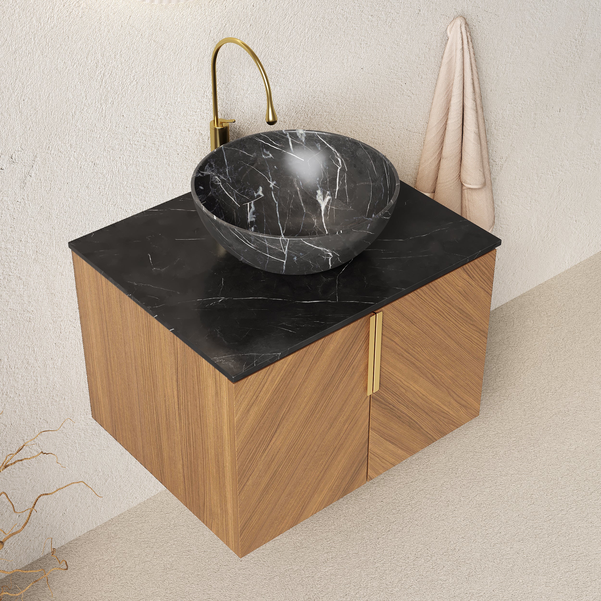 Wall-Mounted Bathroom Vanity Unit with Ceramic Bowl and Sintered Stone Countertop, Espresso Wood Grain