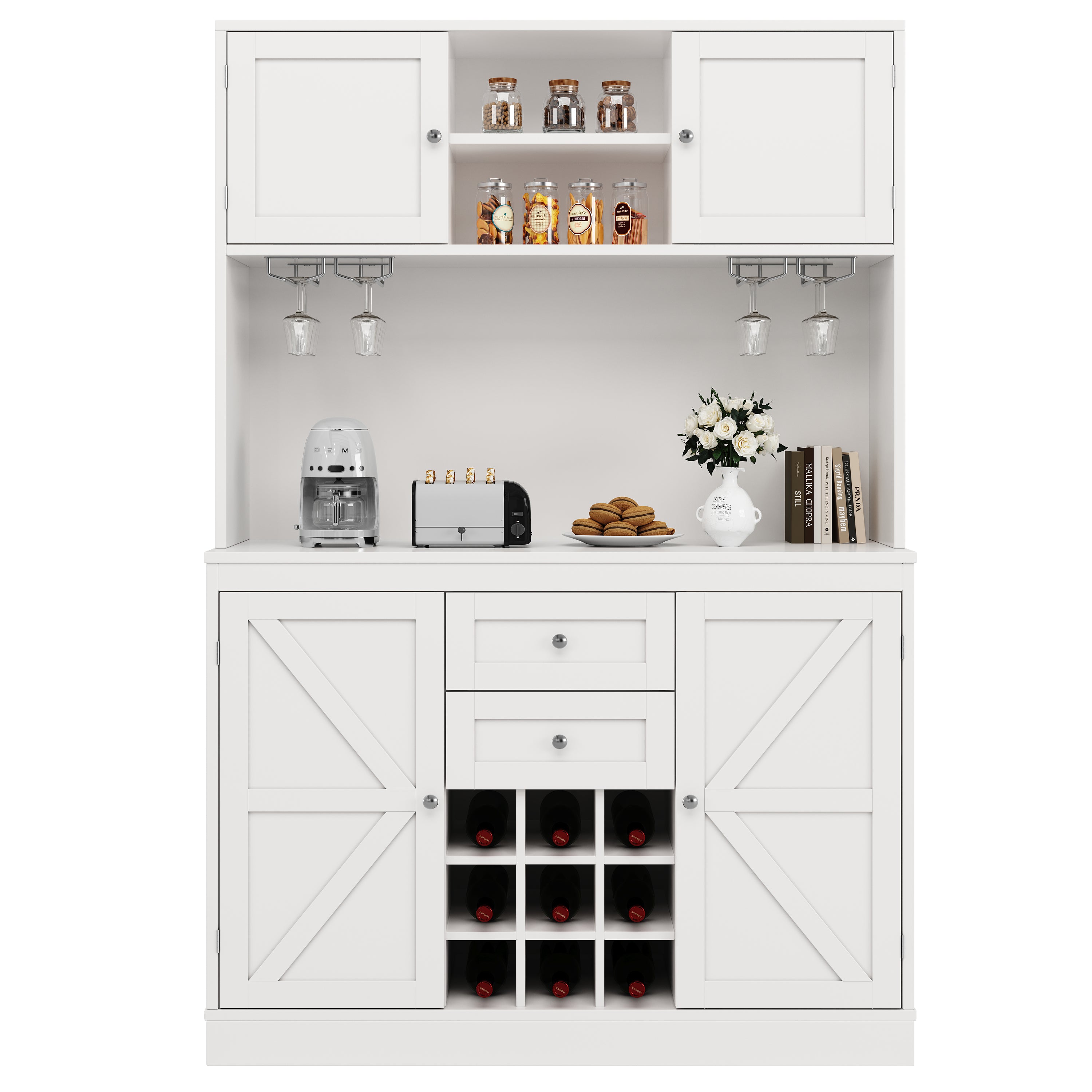 Tall Kitchen Cabinet Buffet Wine Rack Adjustable Shelves 4 Doors 2 Drawers - White