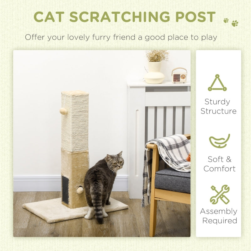 Jute Cat Scratching Post with Carpet Base & Hanging Toy - Beige