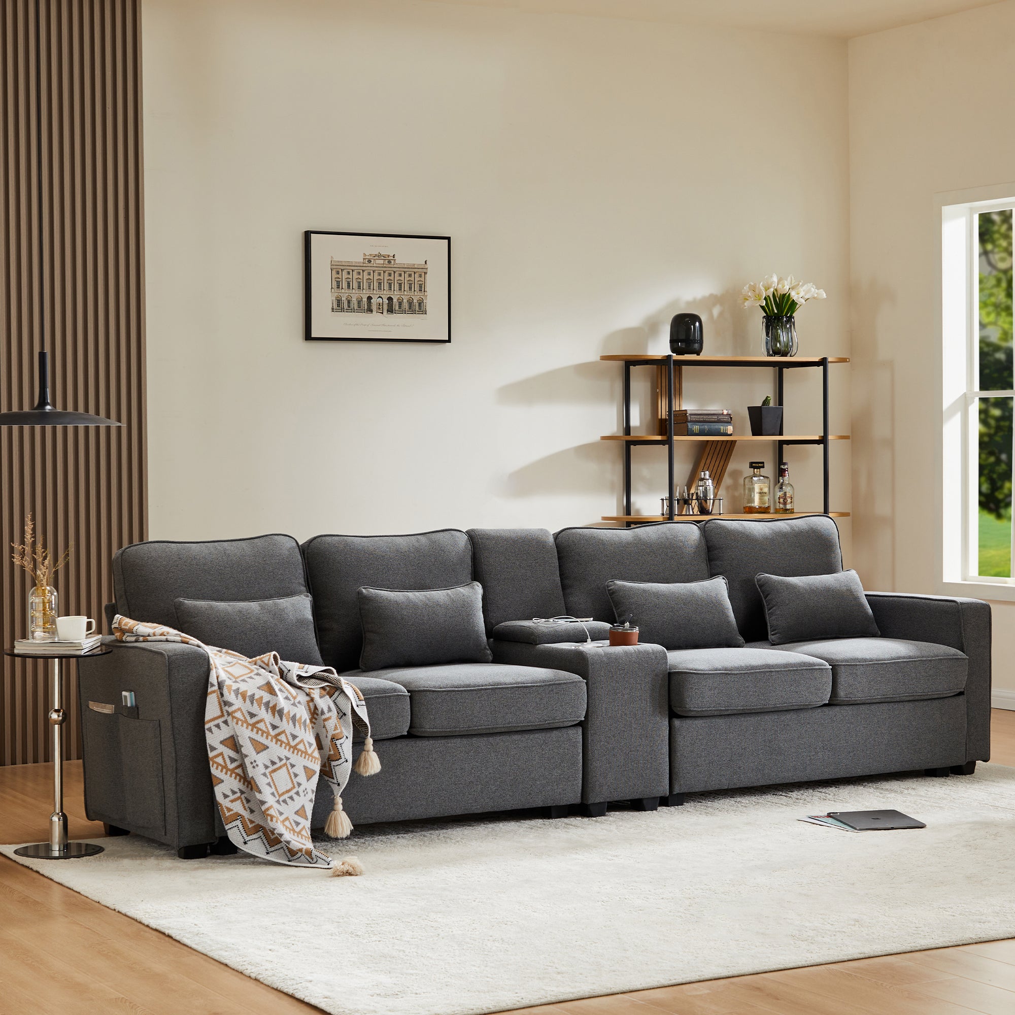 Sofa, Modern 4-Seater with Console, USB, Cupholders, Linen Fabric