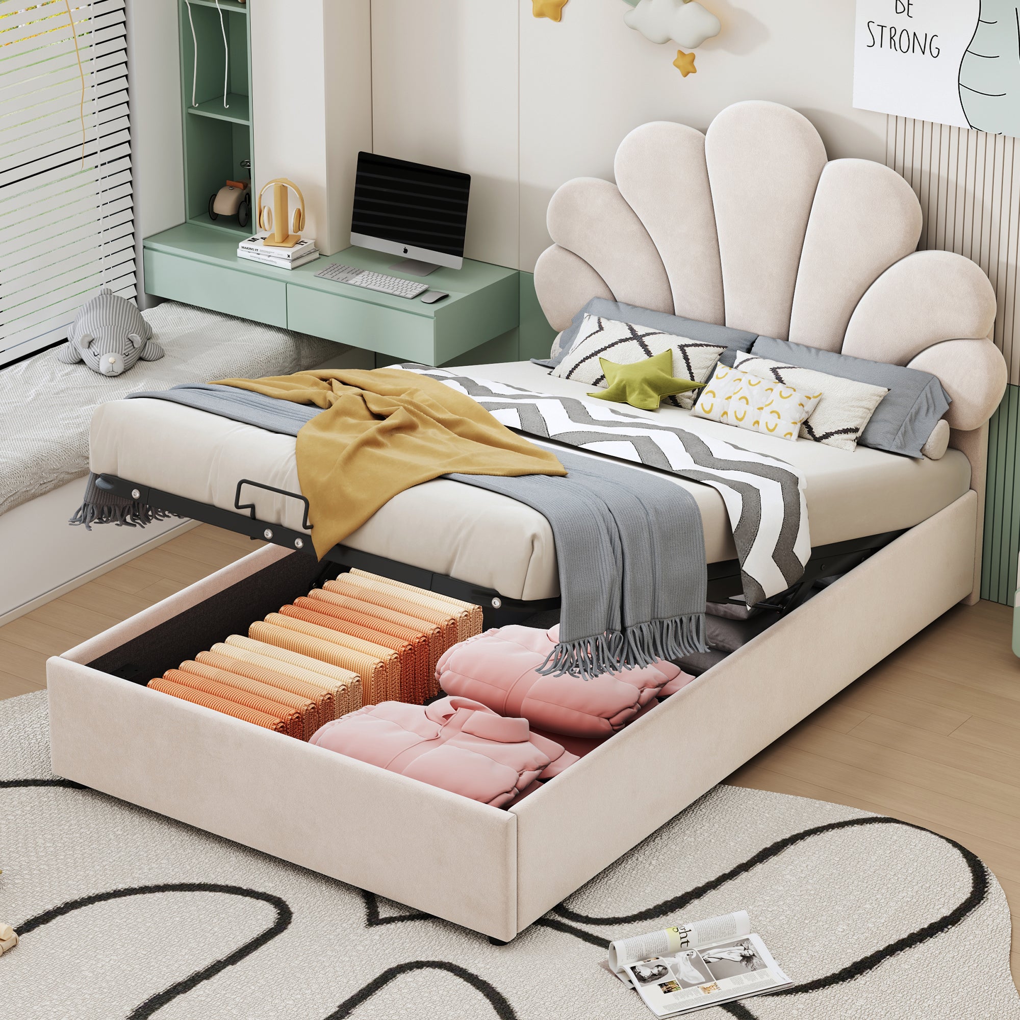 Upholstered Children's Bed 90x200cm Floral Hydraulic Storage Velvet Beige