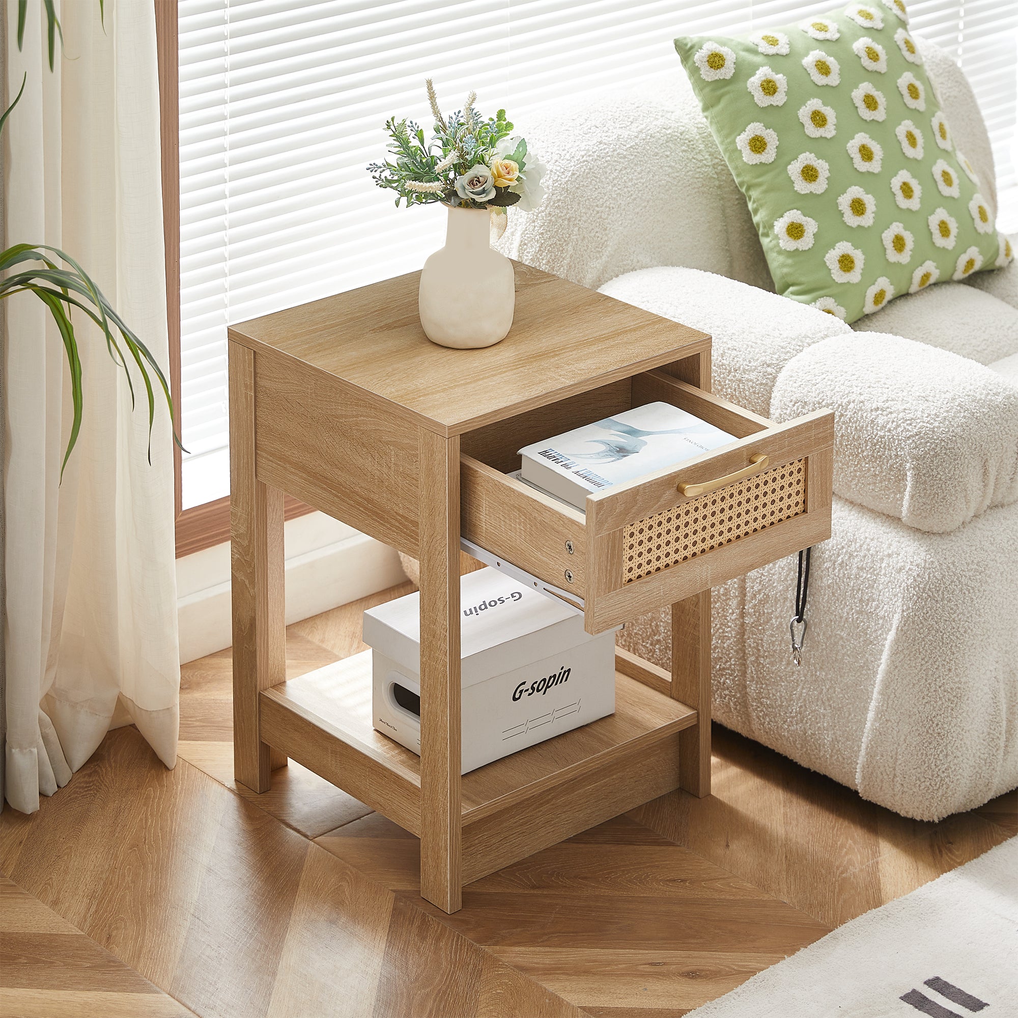 Rattan Side Table with Drawer H55xW40xD40cm Natural Wood Look
